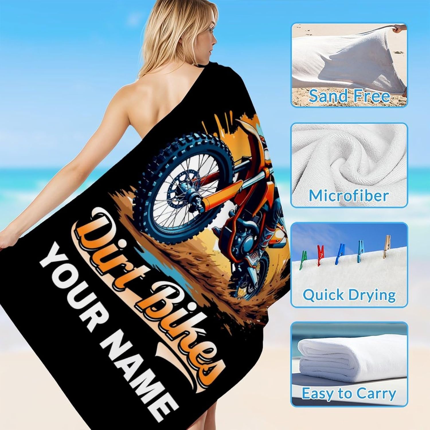 Custom Name Bath Towels for Boys Men, Personalized Lightweight Absorbent Dirt Bike Towels for Adults, 70x40 Inch Oversized Beach Accessories Gifts for Bathroom, Pool, Sports Events