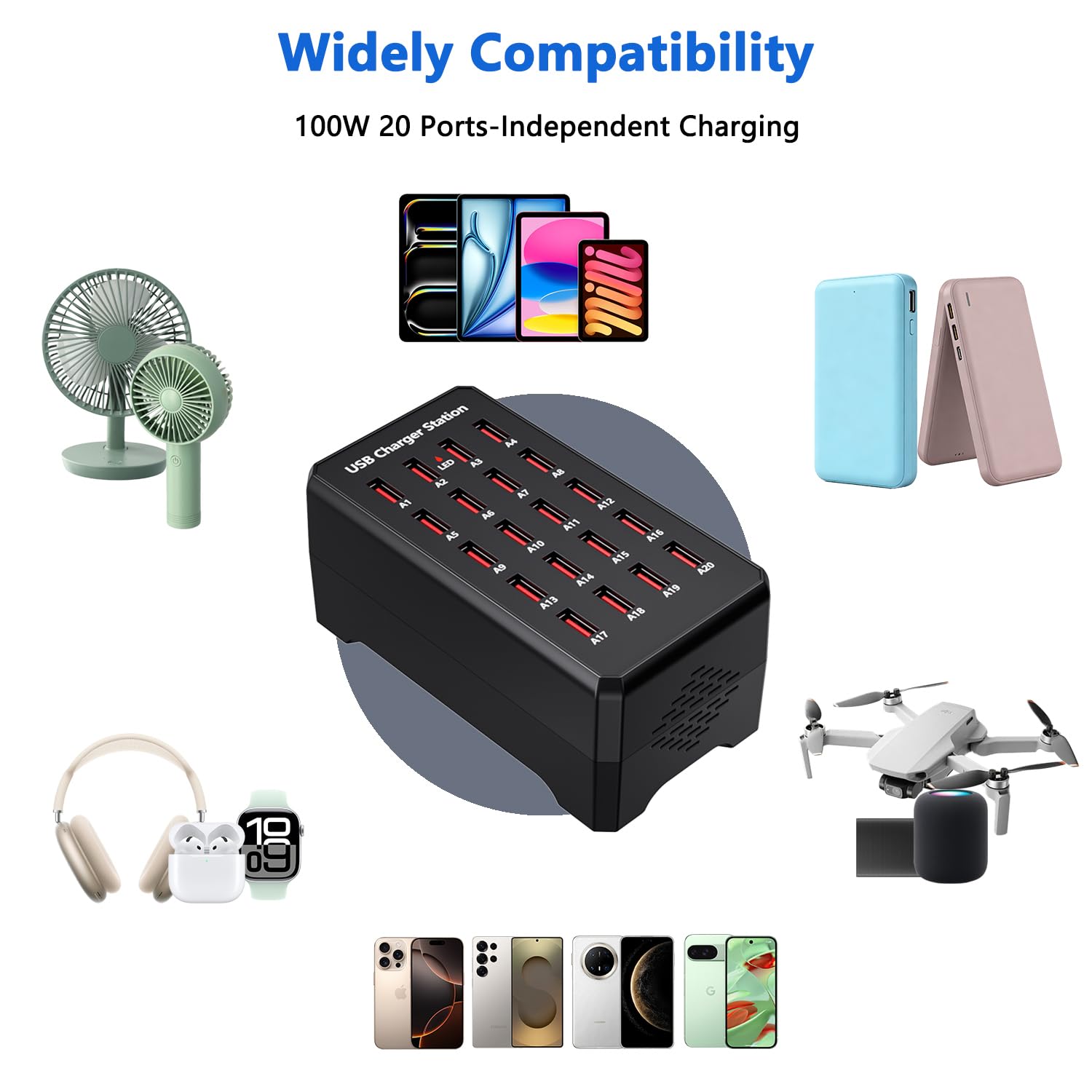 Wielokrotna ładowarka USB, 20-portowy zasilacz hub USB A do komputera stacjonarnego,wielokrotna ładowarka o mocy 100W, kompatybilna z iPhone 14/15/16/Samsung galaxy S23/S24/S25/Google Pixel/Tablety