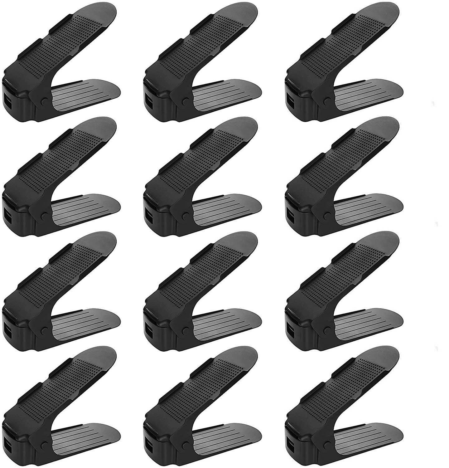 Black 12Pcs Adjustable Shoe Slots Organisers Wardrobe Stacker Space Saver Rack Holder Non-Slip (Black)