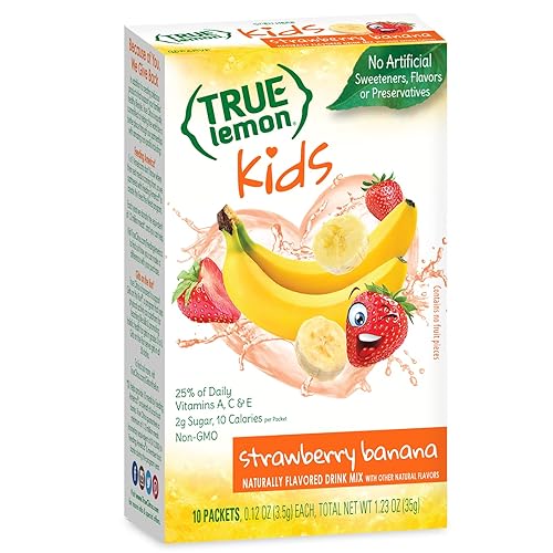 True Lemon Kids Strawberry Banana Mezcla de bebidas de frutilla y banana sin edulcorantes artificiales ni sabores, 10 unidades
