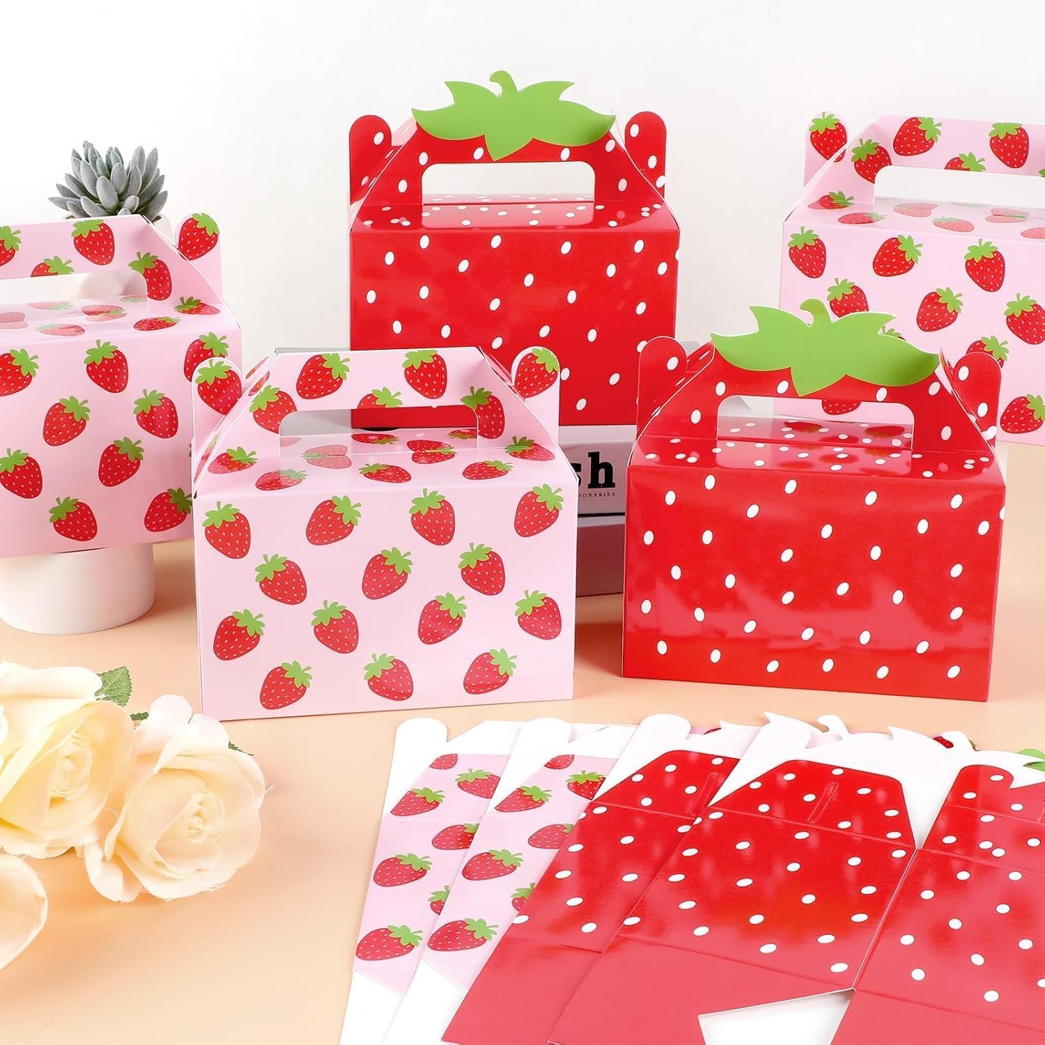 12Pcs Strawberry Party Favor Box Summer Strawberry Gift Boxes Cute Fruit Goody Boxes Folding Paper Treat Box for Sweet One Birthday Baby Shower Decor Supplies 6.3*3.2*3.9inch