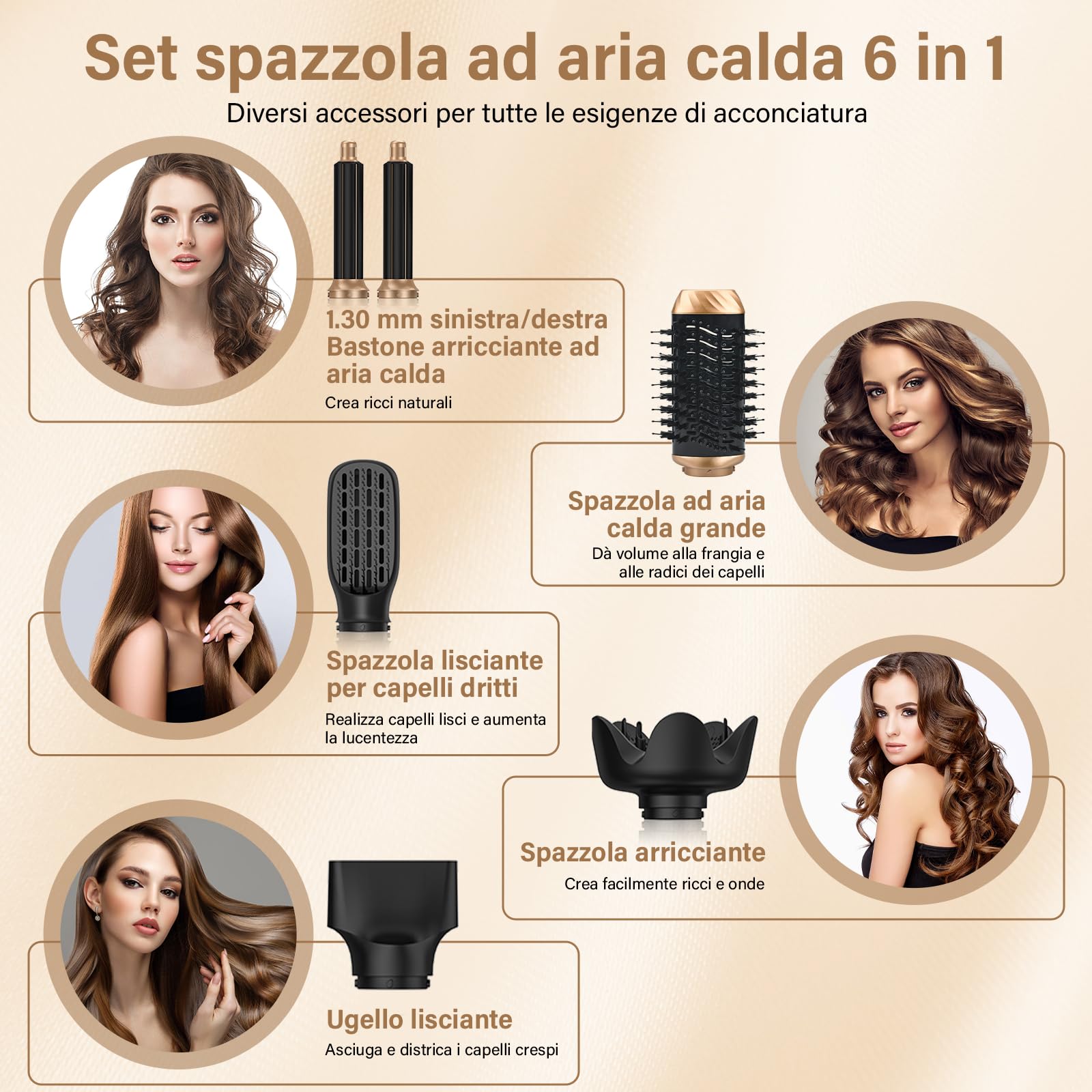 Air Styler 6 in 1 Styler Capelli, Spazzola Asciugacapelli, Spazzola ad Aria Calda, Arricciacapelli Automatico, Lisciante, Volumizzante e Diffusore per Ricci, Lisci, Volume | Set di spazzole per acconciatura