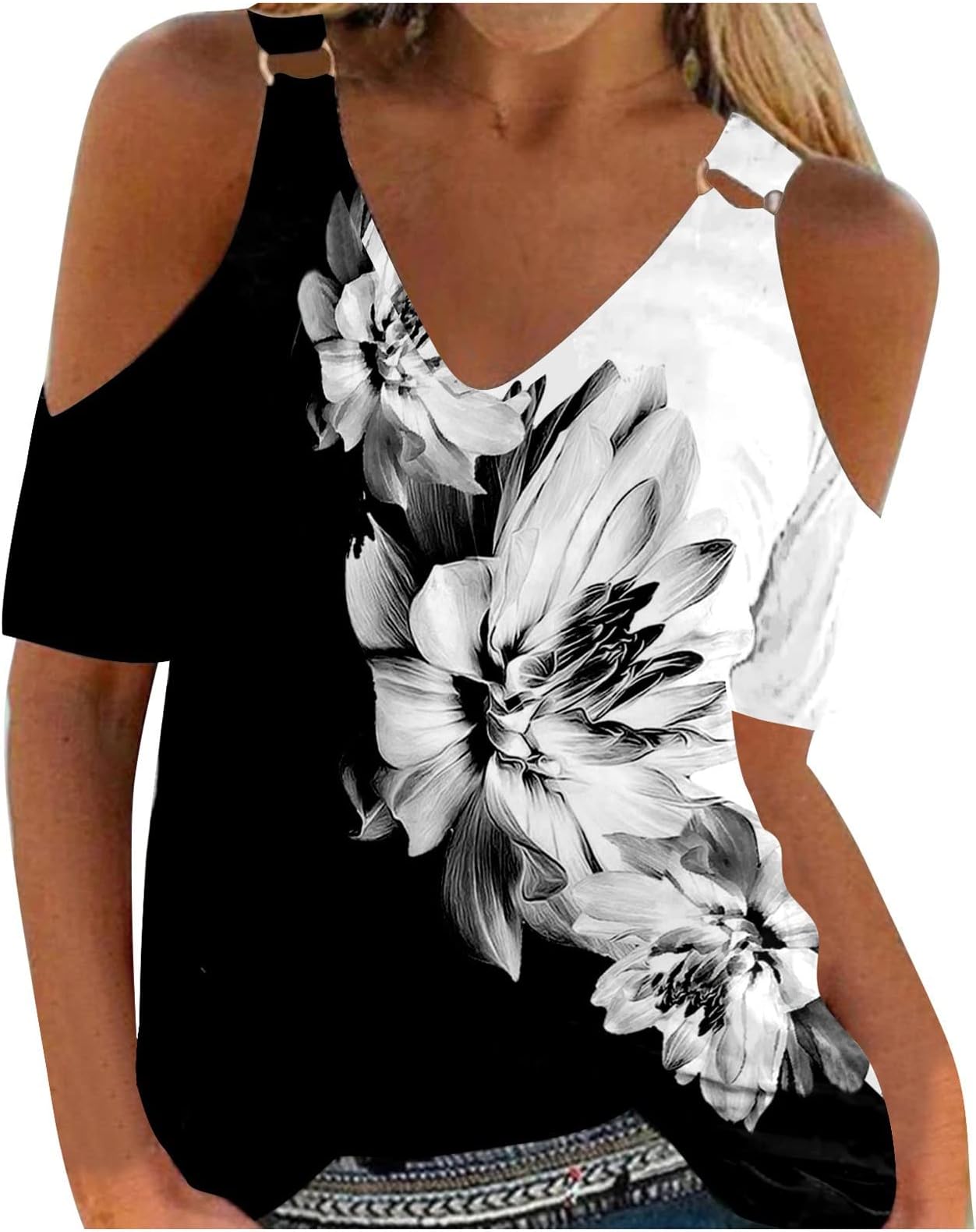 GIANTHONGV Neck Tops for Women Cold Shoulder Solid Short Sleeve Tee Top Loose Fit Athletic Comfort Elastic Shirts Blouses