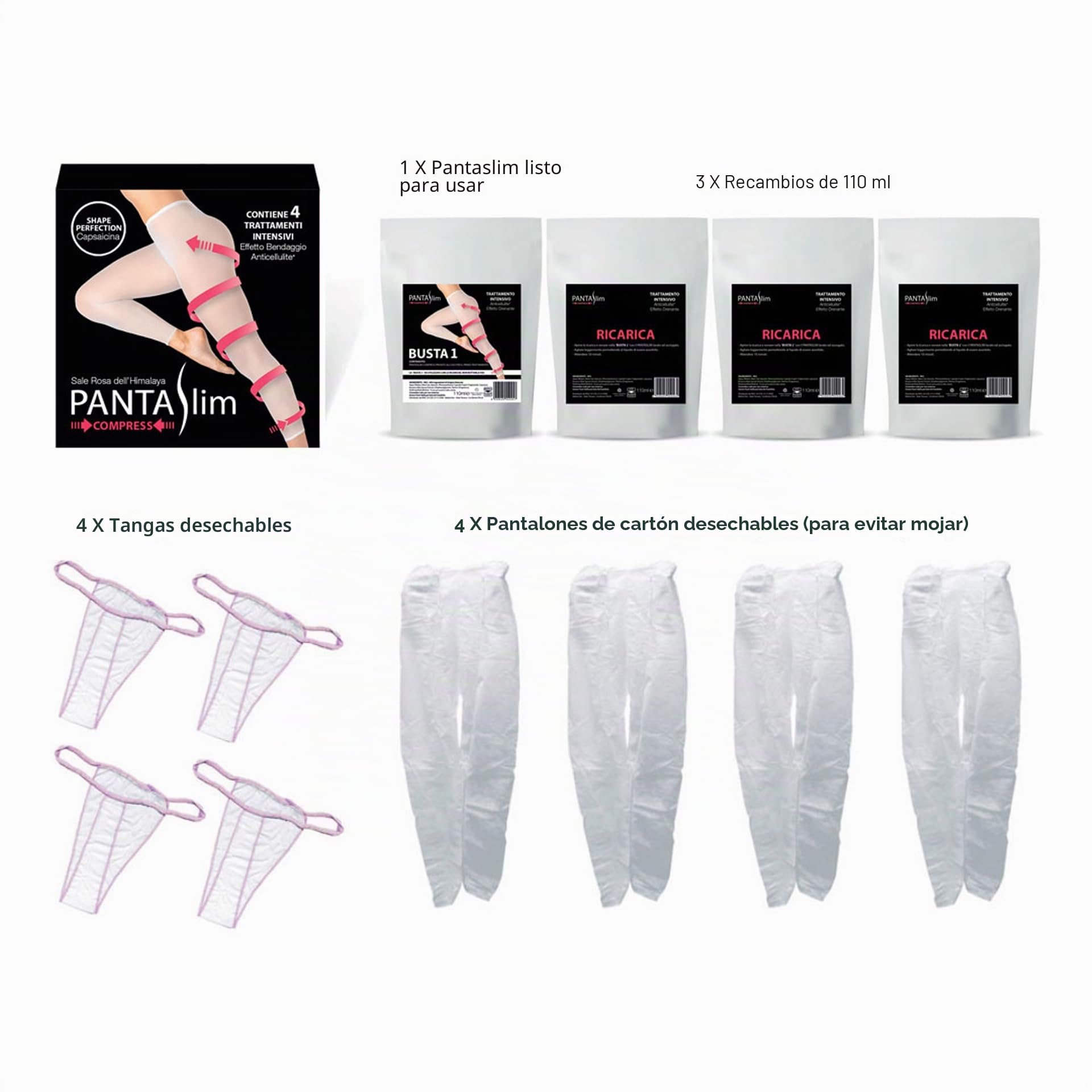PANTASLIM Compress - Kit de 4 tratamientos – Medias drenantes anticelulíticas – Fórmula Shape Perfection Capsaicina + Sal Rosa del Himalaya con pantalones de cartene y tanga desechable – 99% original