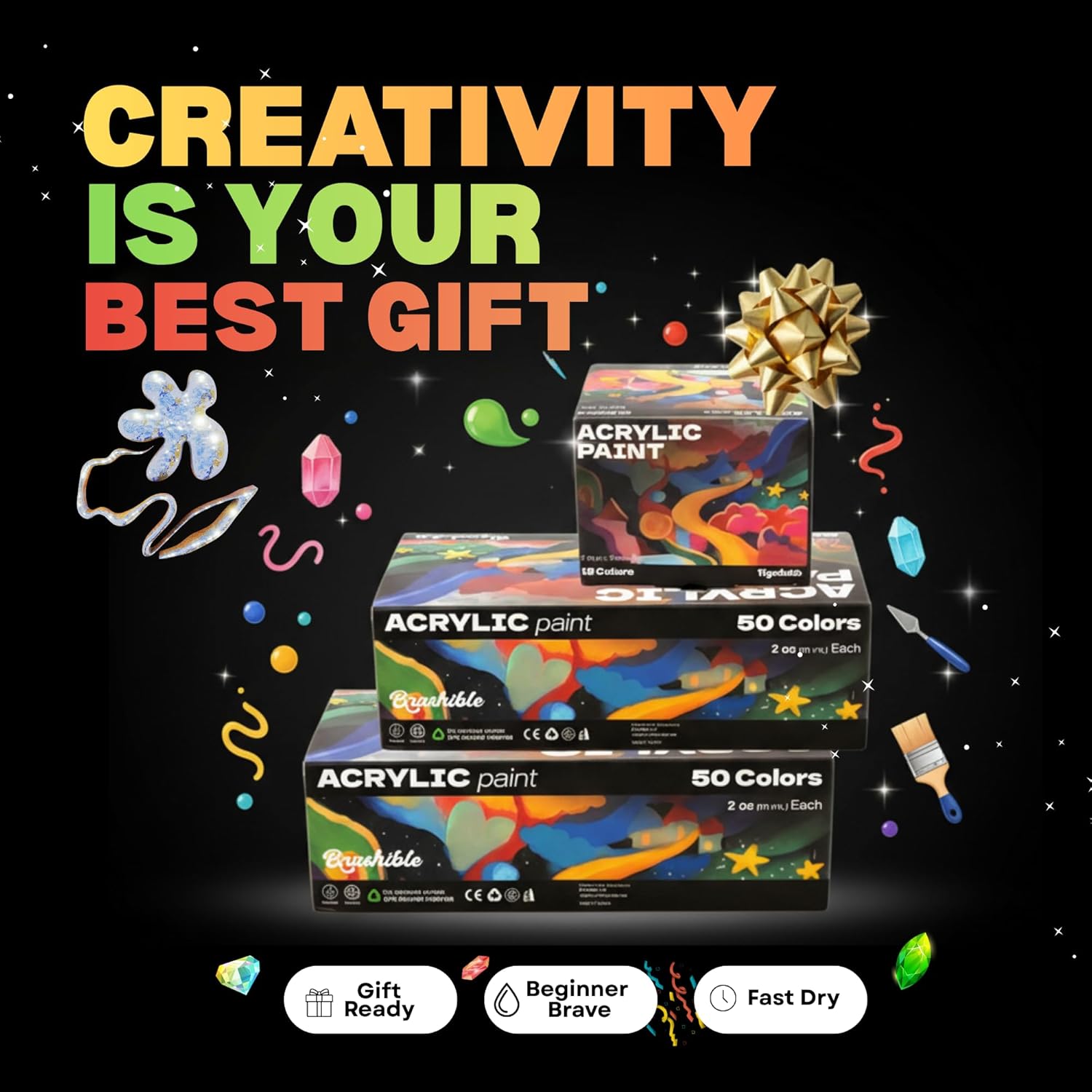 12 Colors Acrylic Paint Set, Acrylic Paint Set with 6 Brushes, 8.45oz/250ml Bottles, Paint for Artists, Beginners and Kids on Canvas Rocks Wood Ceramic Fabric