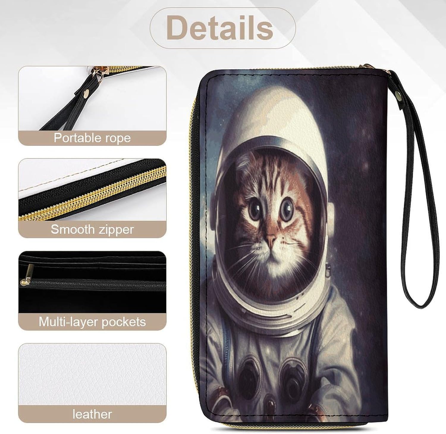 Womens Wallet Animal Cat Astronaut Printed Wristlet Wallets for Women Large Capacity Credit Card Holder Ladies Phone Clutch Leather Zip Around Clutch Wallet