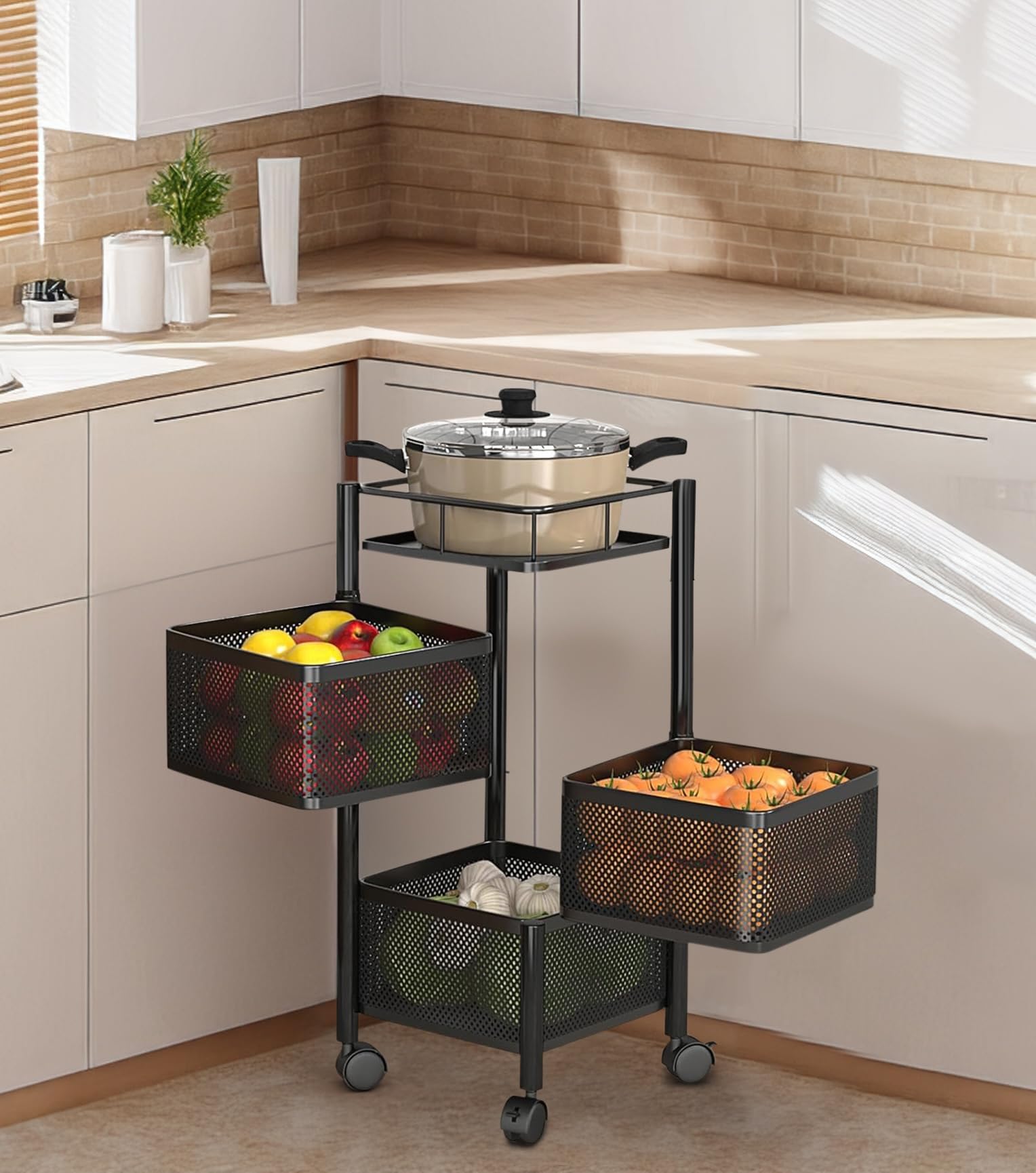 Carro auxiliar metálico con ruedas y cestas plegables ahorra espacio | Carrito cocina verdulero frutero | Estantería organizador de metal gran capacidad y bandeja superior | Estante cocina