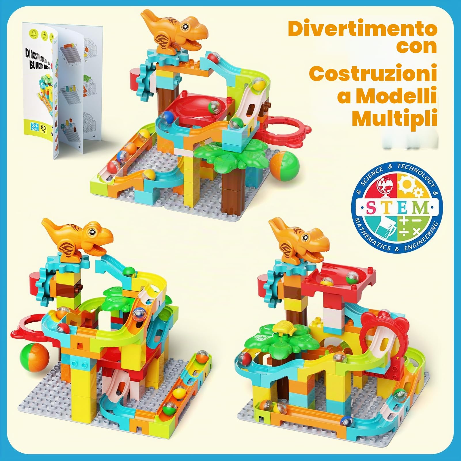 Blocchi da costruzione per la pista di marmo, 90 pezzi di dinosauri per la pista di marmo, regalo educativo STEM per ragazzi ragazze 4 5 6 7 anni