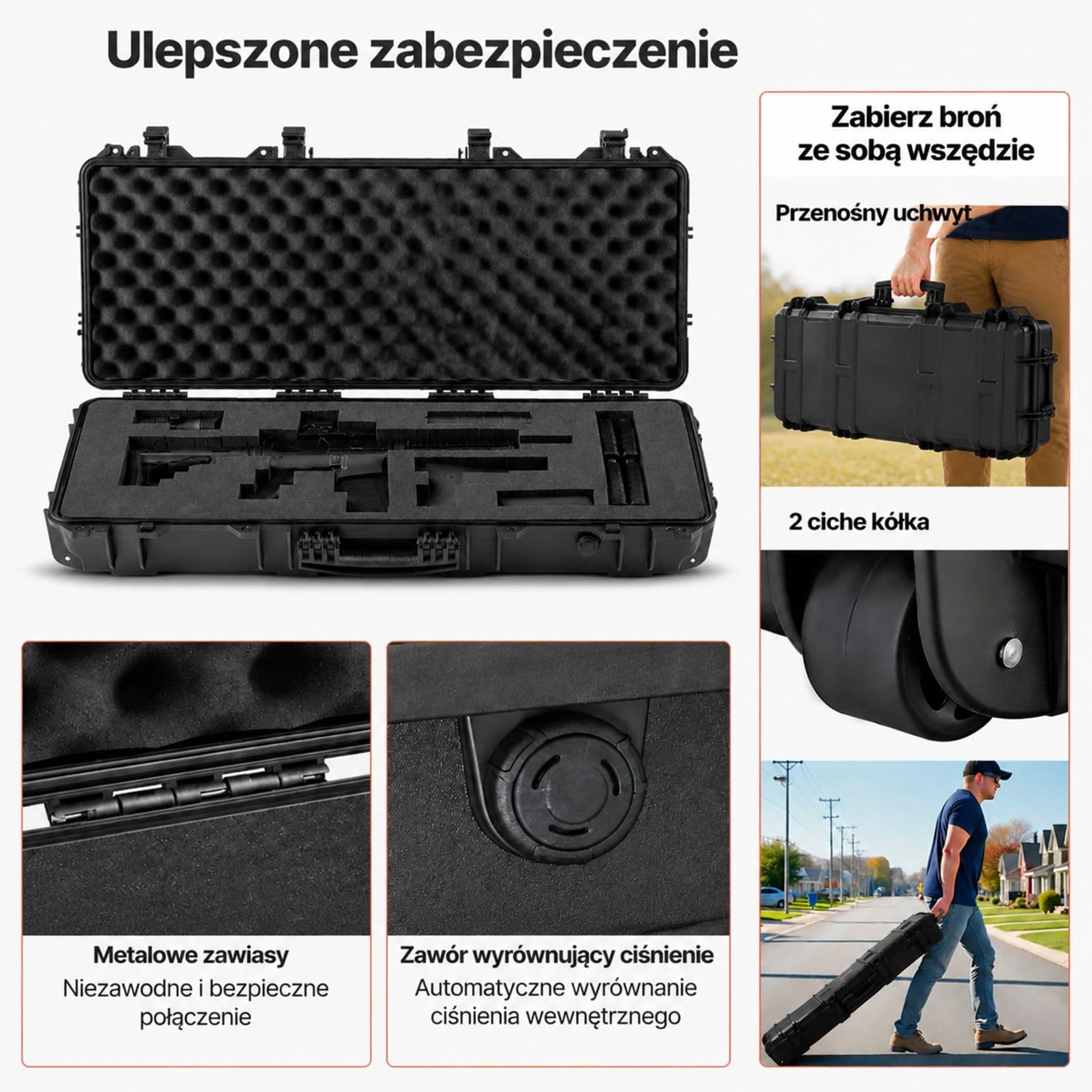 Twardy futerał na broń długą, zamykana walizka z wyciętą pianką i kółkami, czarna