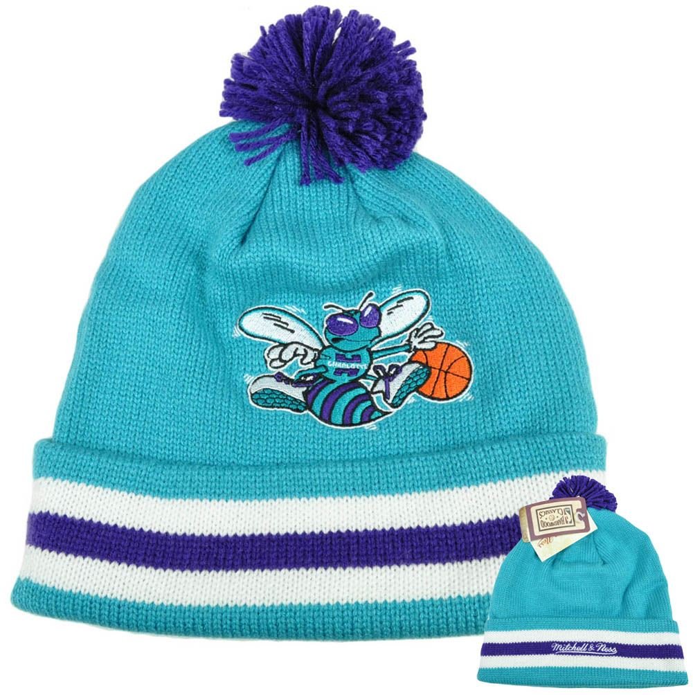 Mitchell & Ness Charlotte Hornets Striped Cuffed Pom Beanie Knit Teal