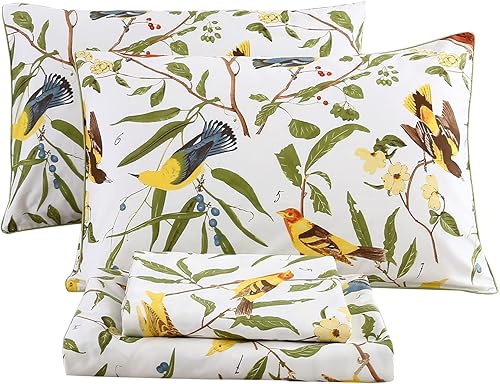 RYNGHIPY Juego de sábanas con estampado de hojas y pájaros de granja, sábanas botánicas con fundas de almohada (pájaro, tamaño King)