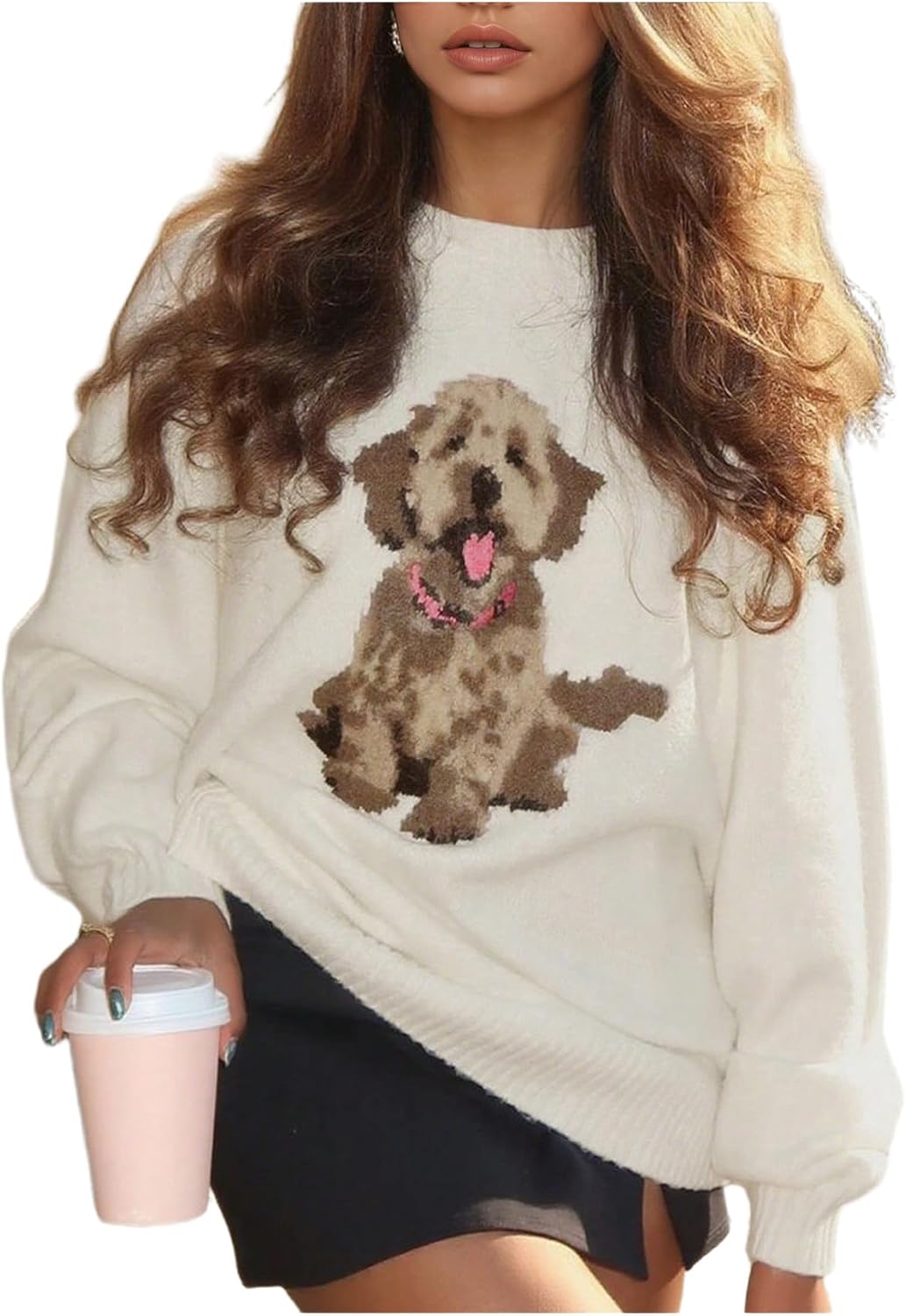 GORGLITTER Women's Dog Print Sweater Crew Neck Long Sleeve Knit Pullover Jumper Fall Winter Outfits