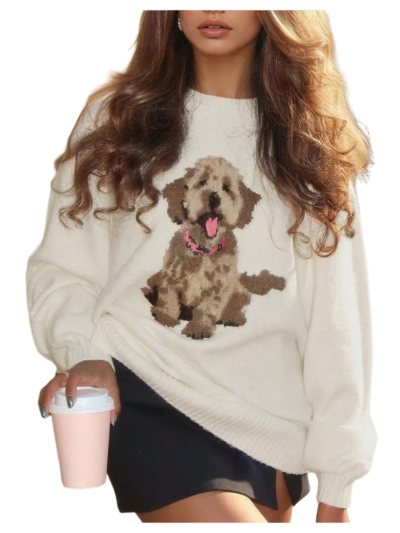 GORGLITTER Womens Dog Print Sweater Crew Neck Long Sleeve Knit Pullover Jumper Fall Winter Outfits