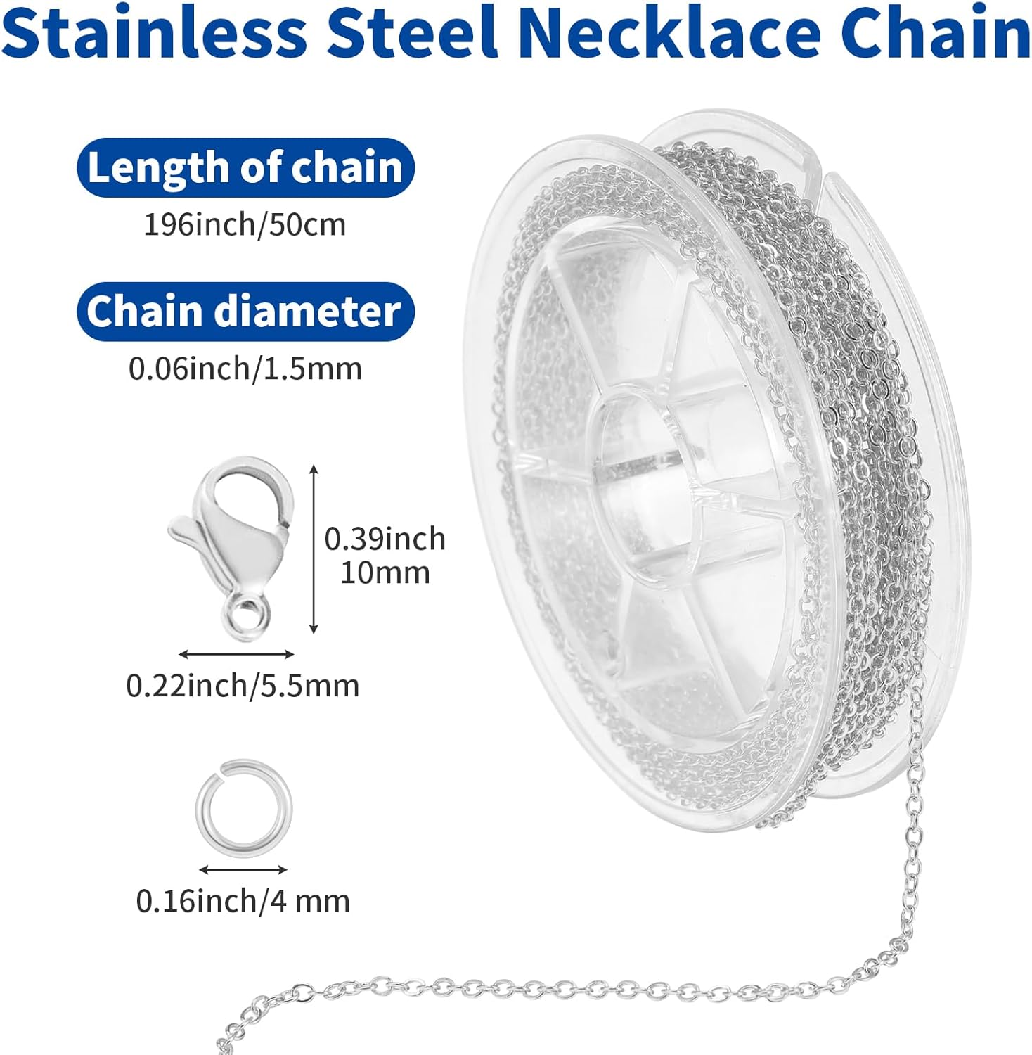 33ft(10m) Stainless Steel Jewelry Chain 1.5mm DIY Craft Links Supplies Findings for Making Necklace Earring Bracelet, Color Plated Metal Cable Roll 20pcs Lobster Clasps 50pcs Jump Ring(Silver) - Image 2