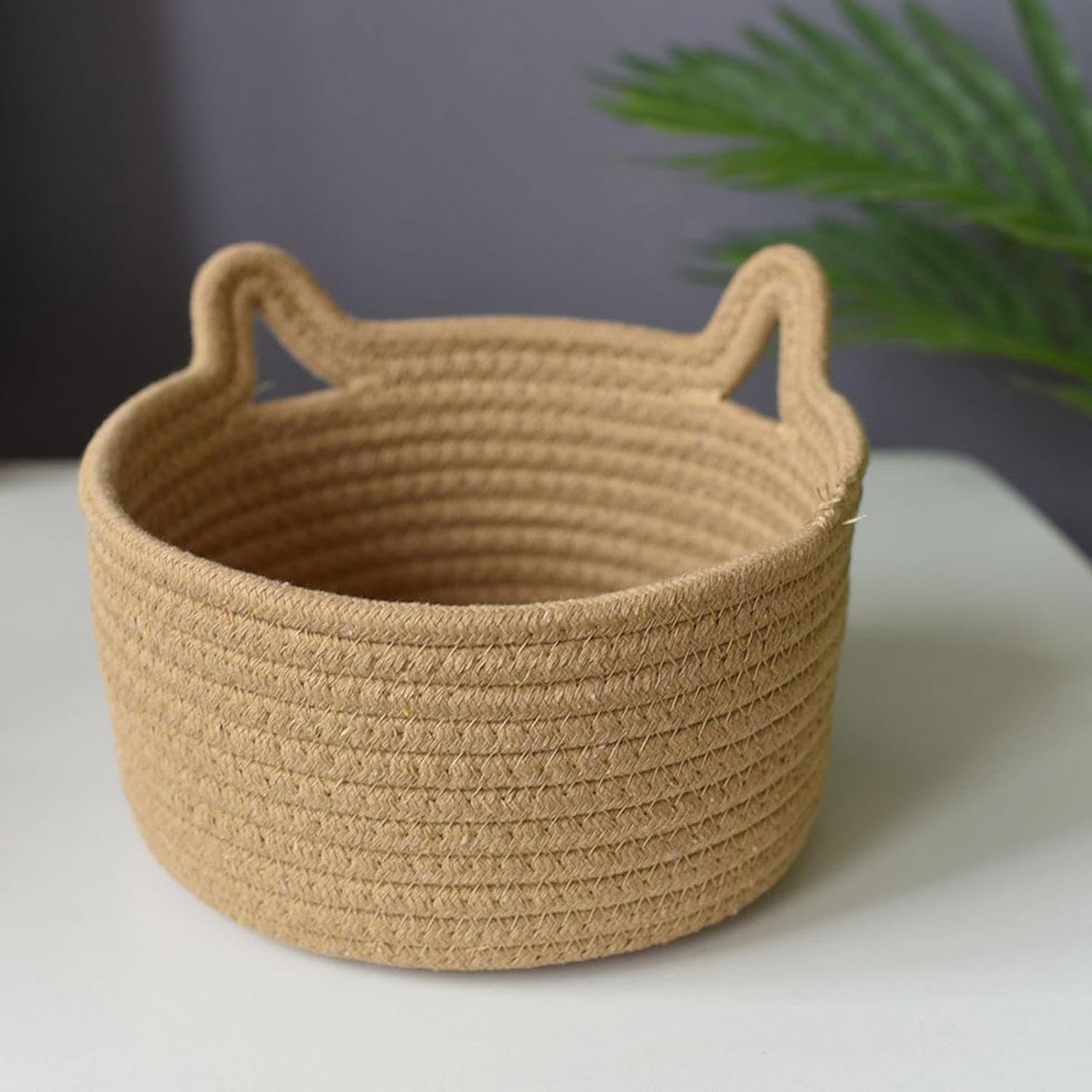 Home Storage Storage Basket,Cat Ears Woven Bin, Small Round Organizer, Cotton Wire Basket,Decorative Handwoven Storage for Toys Makeup Towels,Desktop Solution with Cat Sh