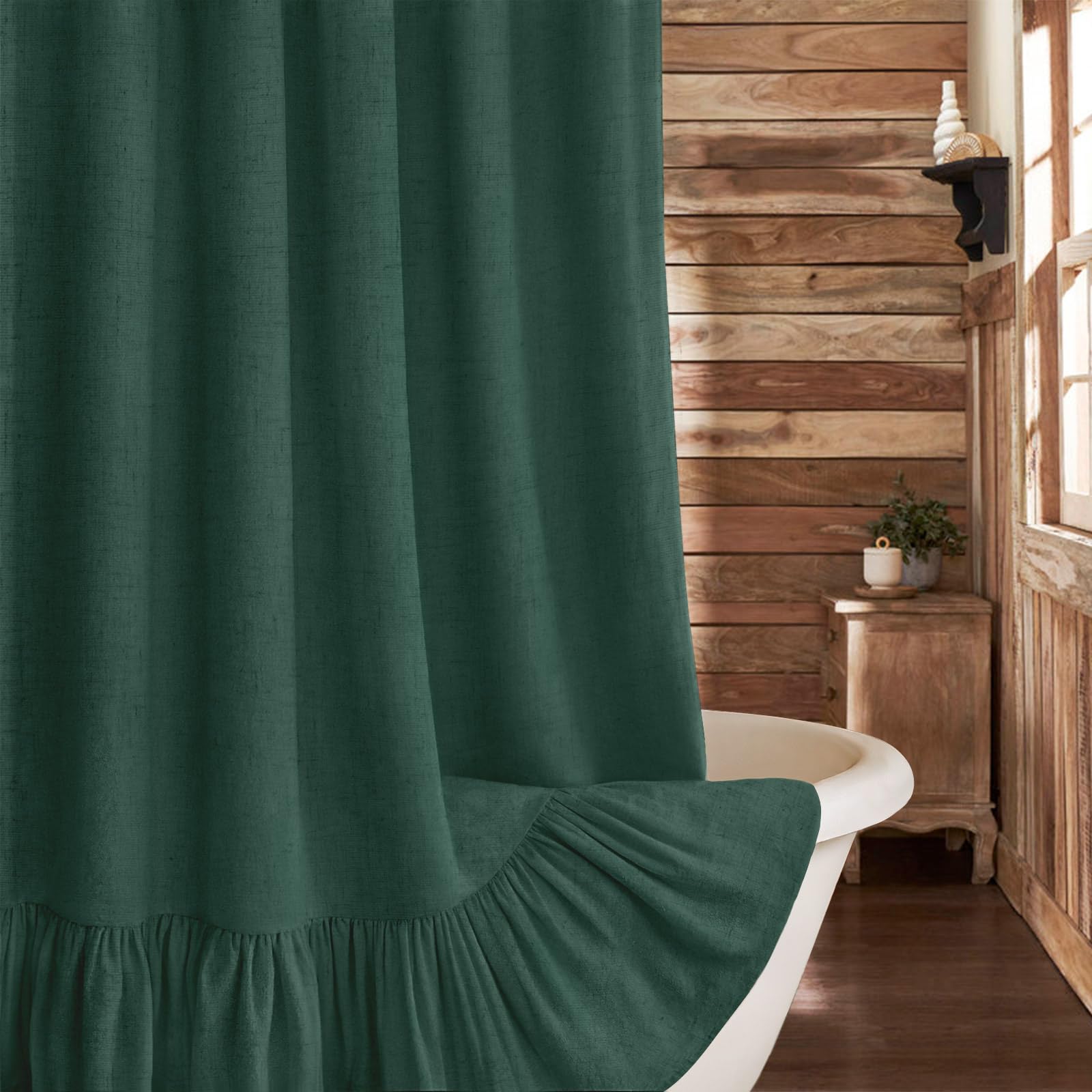 XOGUIBO Farmhouse Shower Curtain Ruffle Linen Flax Dark Green 72" W x 72" L — image 1