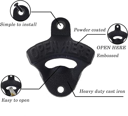 Miniatura 2 de Jumiok Abrebotellas de hierro fundido negro Abrebotellas montado en la pared Abridor de tapa de cerveza Montable abierto aquí para la cocina de la