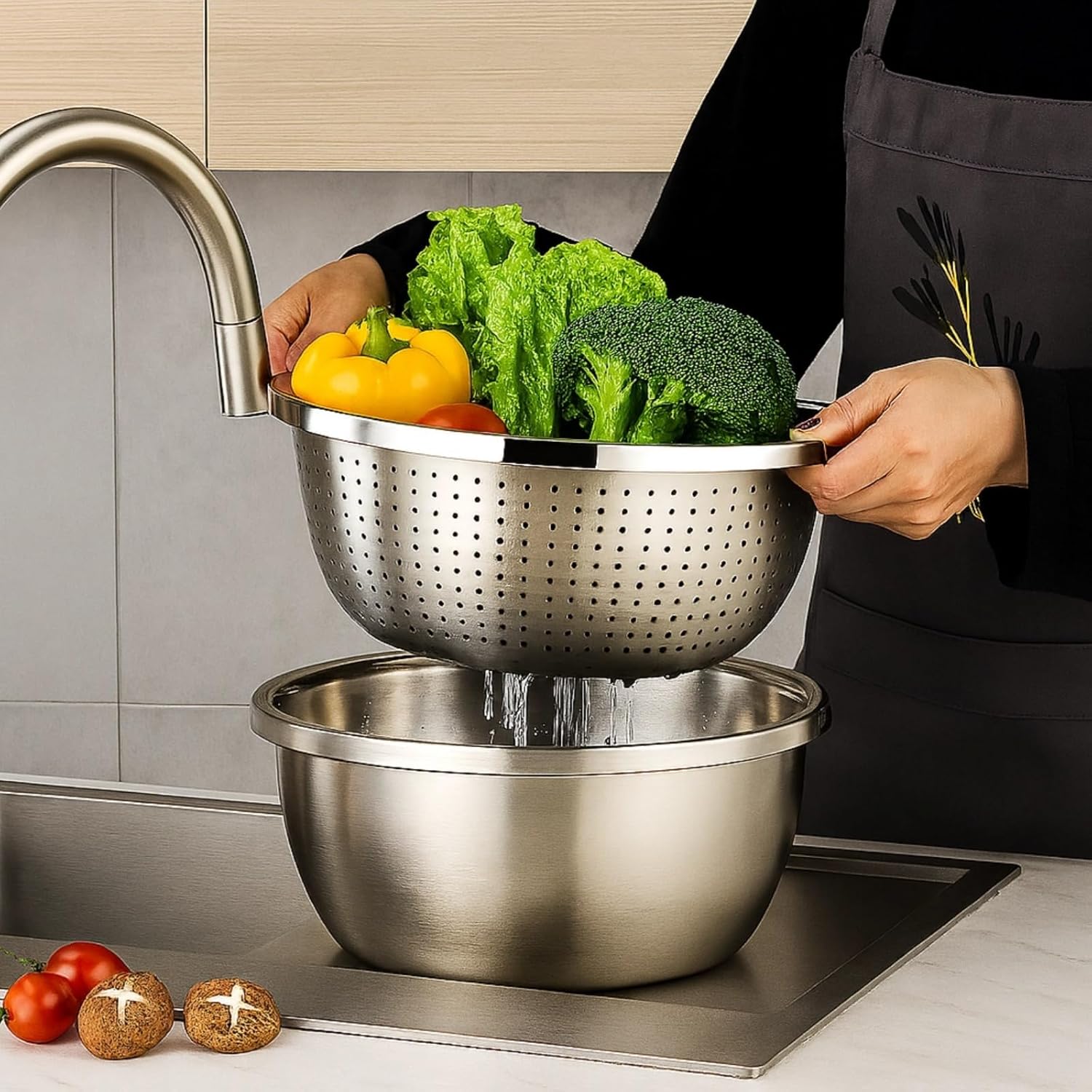 4 Pcs Stainless Steel Mixing Bowls with Drain Baskets, Includes Solid and Perforated Bowls, 24 Cm and 30 Cm, Rust-Resistant Kitchen Tools for Washing