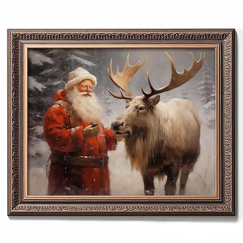 Santa's Reindeer Print, Vintage Christmas Wall Art, Christmas Painting Decor Christmas Art, Santa Claus and Reindeer Xmas Home Decor Trendy Poster