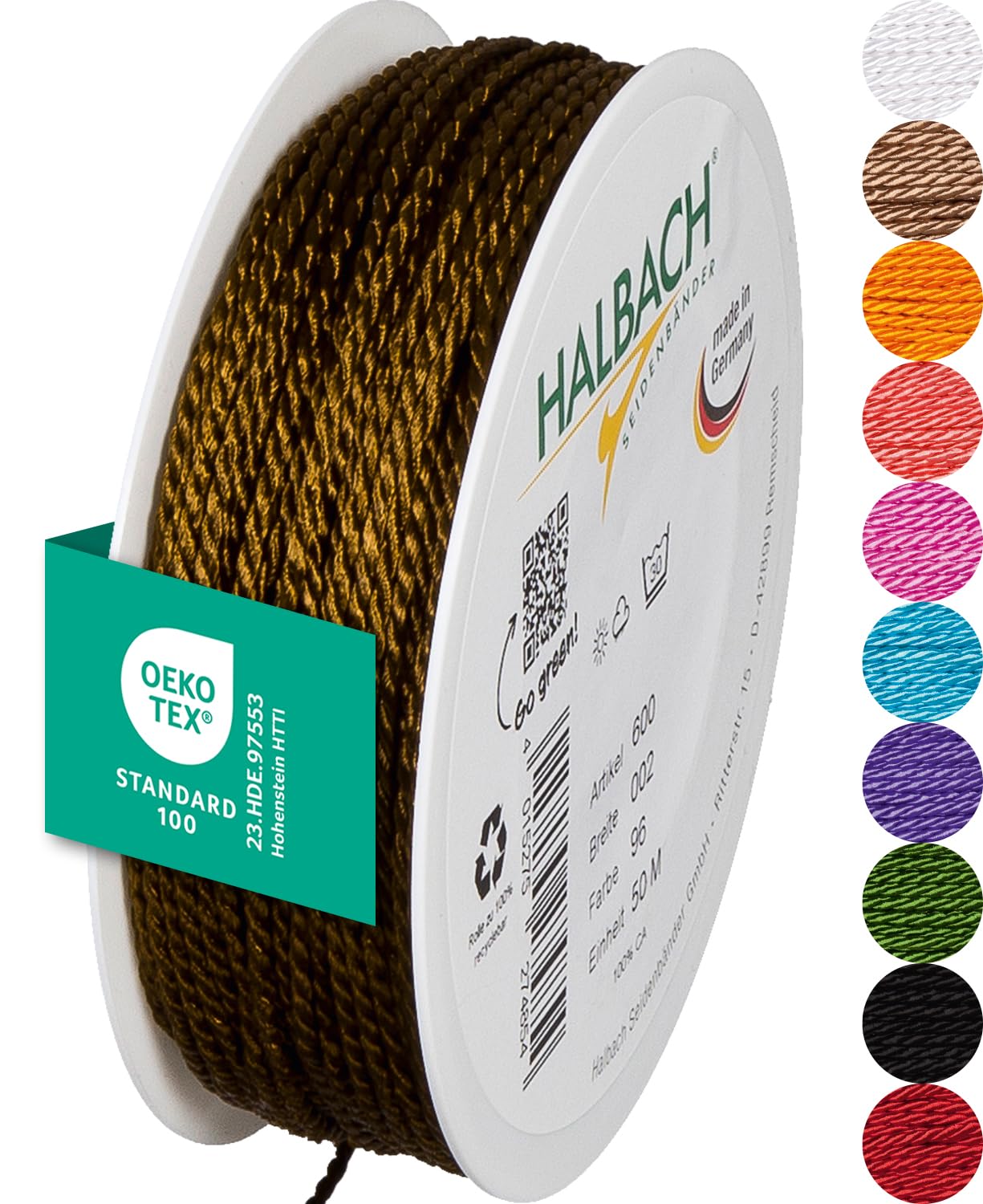Halbach Seidenbänder Premium Kordel (braun) | Breite 2mm Länge 50m | Made in Germany & Öko-Tex Zertifiziert | glänzende Satinkordel aus Acetat