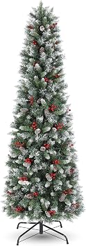 6ft Artificial Pencil Christmas Tree, Snow Flocked Unlit Slim Xmas Tree with 250 LED Lamp, 550 PVC Branch Tips, Metal Stand, for Indoor Holiday Home Office Decor