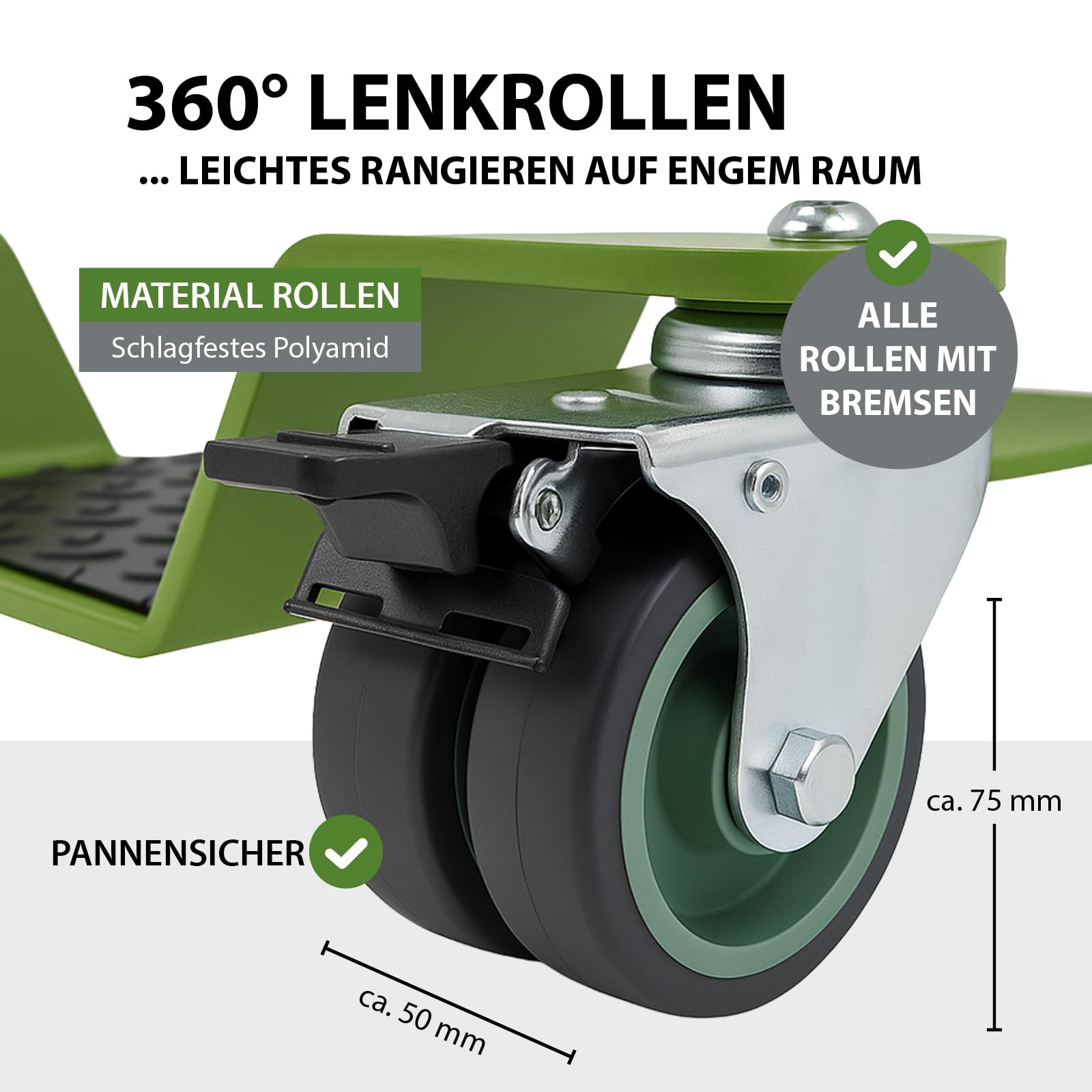 TRUTZHOLM Rangierhilfe für Motorrad mit Hauptständer Tragkraft 450 kg Rangierplatte extra-flach mit 4x Doppenrollen 360° schwenkbar und 4x Feststellbremse Rangierroller 10 mm dicker Stahl in grün