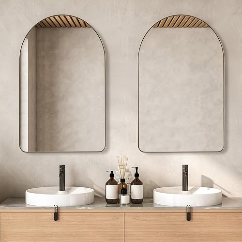 Miniatura 6 de ANDY STAR Espejo arqueado, espejo de baño dorado de 20 x 30 pulgadas con marco de metal de acero inoxidable, esquina redondeada superior de arco de