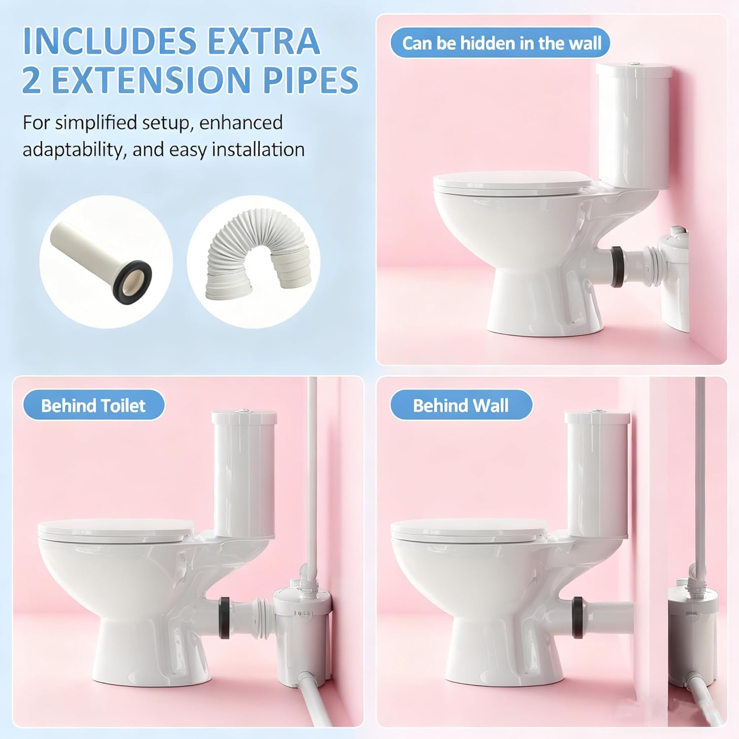 600w Macerating Toilet System | Macerator Pump Toilets with 4 Water Inlets, White Two-piece Upflush Toilet for Basement, Including Extension Tubes,Quiet Operation