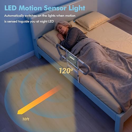 Miniatura 7 de Rieles de cama para adultos mayores Rieles de asistencia de cabecera ajustables con bolsillos de almacenamiento, asas antideslizantes, luz con