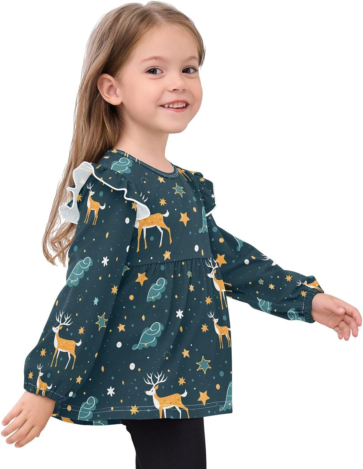 visesunny Toddler Clothes for Girls Vector Deer Design Long Sleeve Fall Shirts Cotton Top with Ruffle Collar