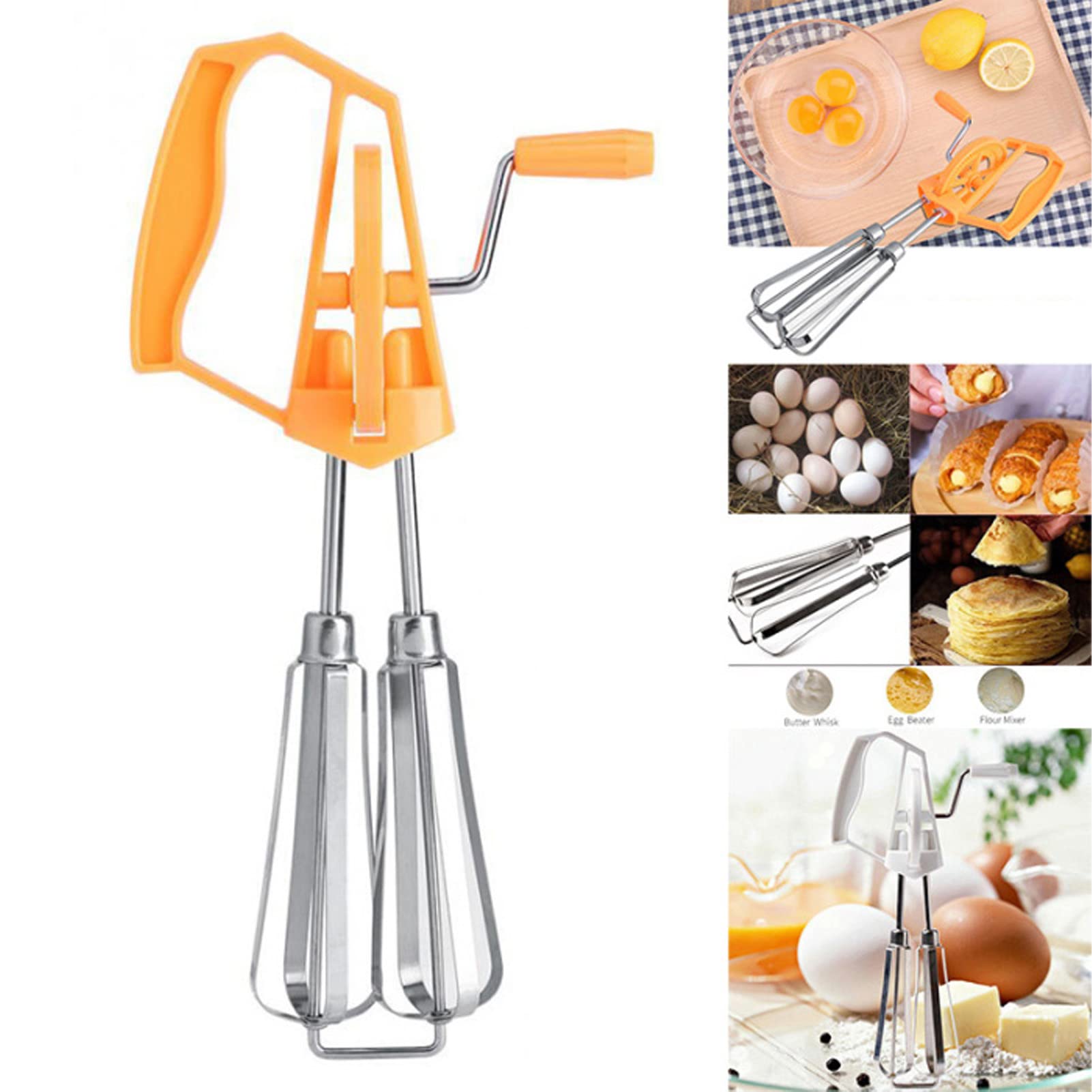 Egg Beater Stainless Steel Plastic Hand Crank Dual Effort Saving Manual Mixer Home Kitchen Cooking (Orange)