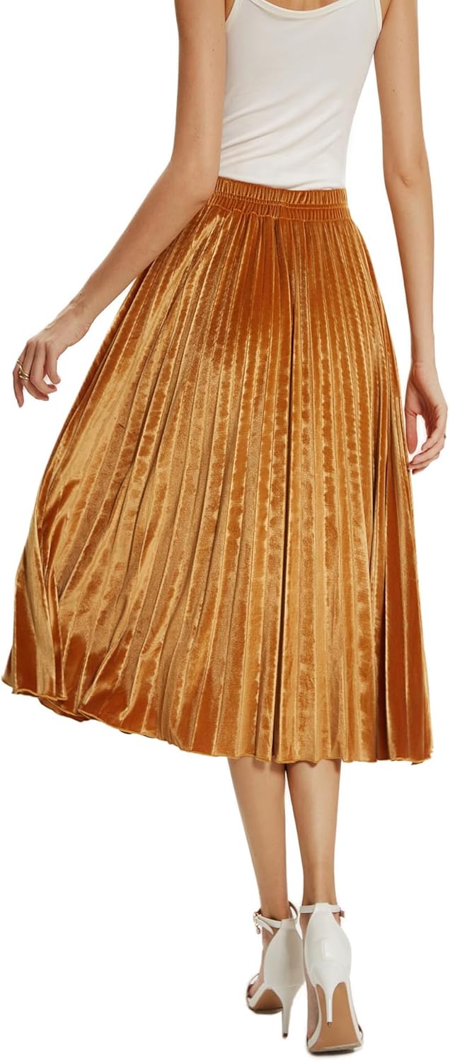 TONCHENGSD Women's High Elastic Waist Velvet Midi Long Pleated Swing Ruffled Skirt - Image 5