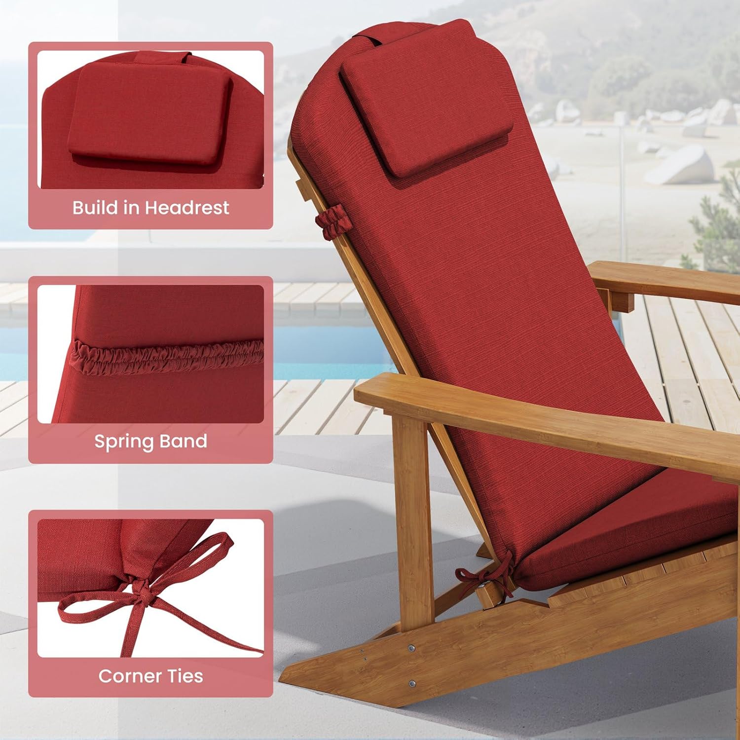 Crestlive 50x20 Inch Adirondack Chair Cushion with Headrest, Water Repellent, Fade Resistant, High Back Outdoor Rocking Chair Cushion for Patio, Chili