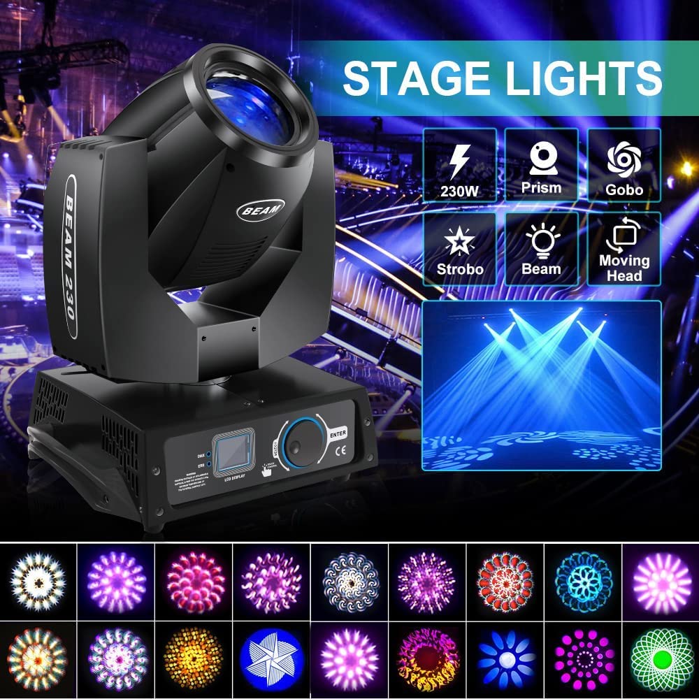 7R 230W Beam Moving Head DMX 17 Gobos RGBW LED illuminazione palcoscenico 14 colori DJ luci 16ch 8 prismi faro DMX512 controllo per matrimonio Natale Halloween Carnevale Party (nero-2)