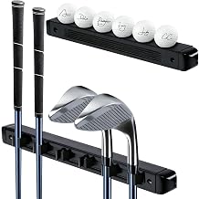 Wall Mounted Golf Club Display Rack, 2 Pack Wooden Golf Putter & Wedge Holder with 6 Secure Clips, Golf Ball Display Shelf