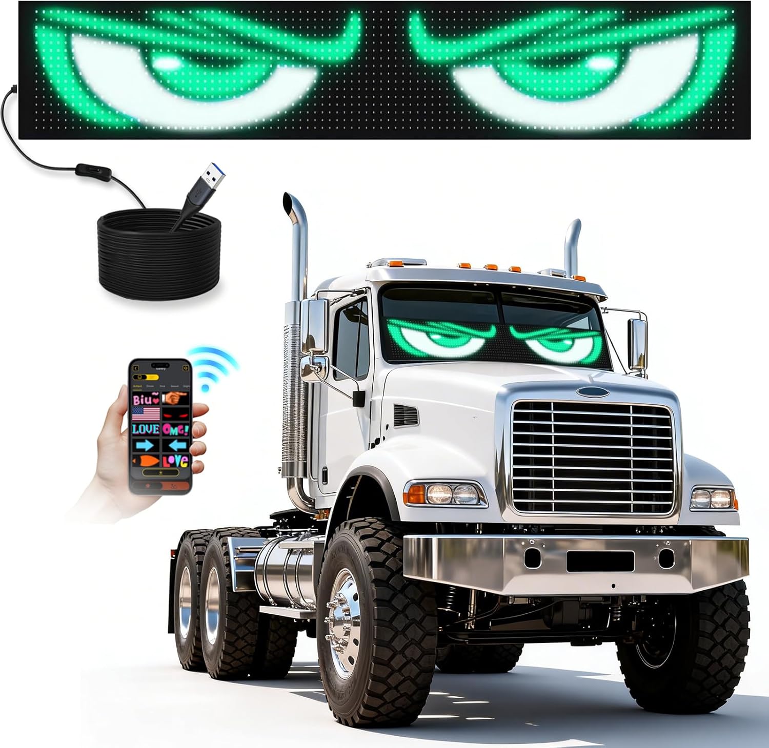 Heavy Duty Truck LED Sign, High-Brightness Flexible LED Matrix Panel, USB 5V Bluetooth APP DIY Animated Display for Semi Bus RV Vehicle Windshield, Scrolling Banner for Concert Sports Game Festival Parade Atmosphere Decoration Safety Warning (37''x8'')