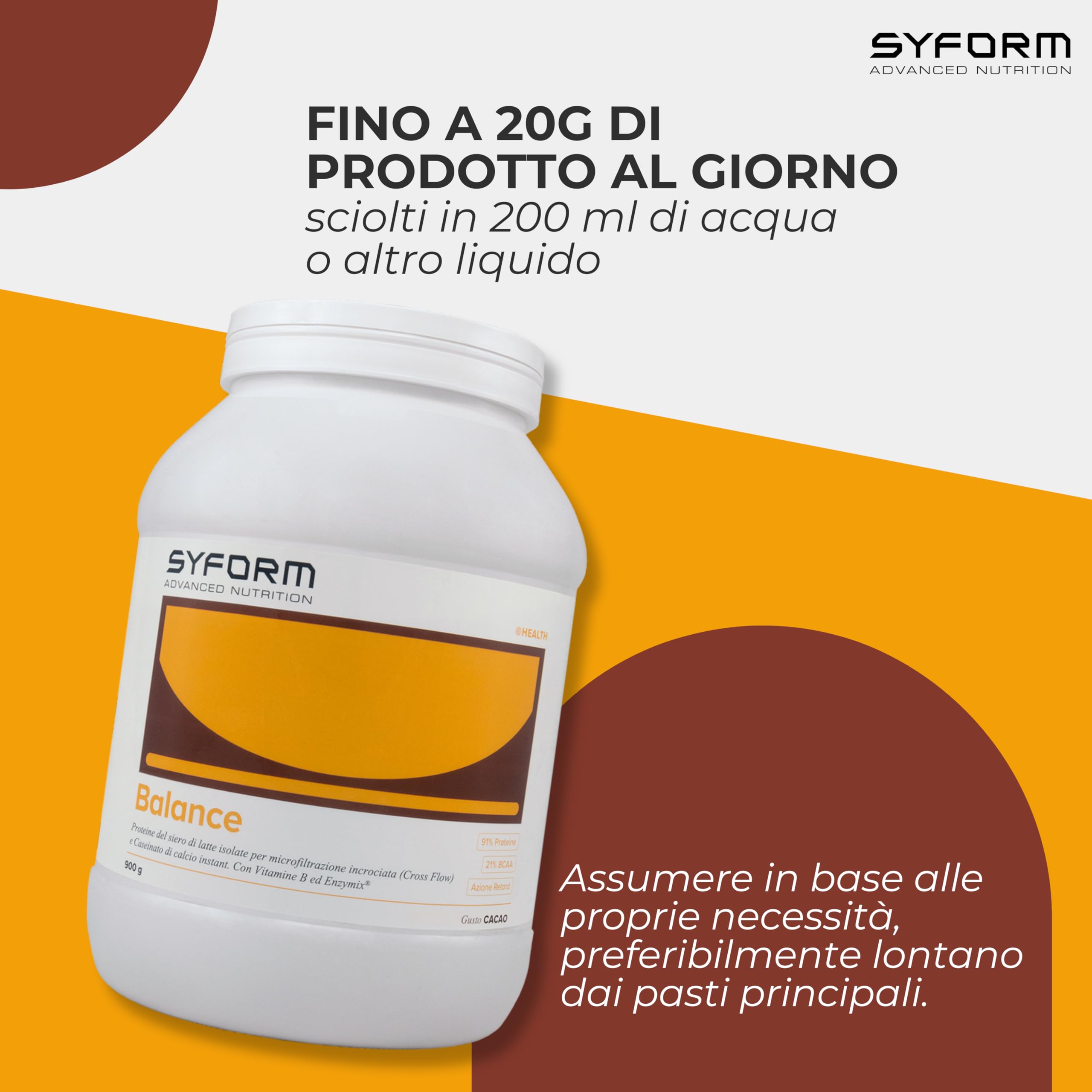 Syform Balance Integratore Sieroproteine Isolate Caseinato di Calcio 900g | Cacao | Integratore Alimentare in Polvere con Proteine a Lento Rilascio | Senza Glutine