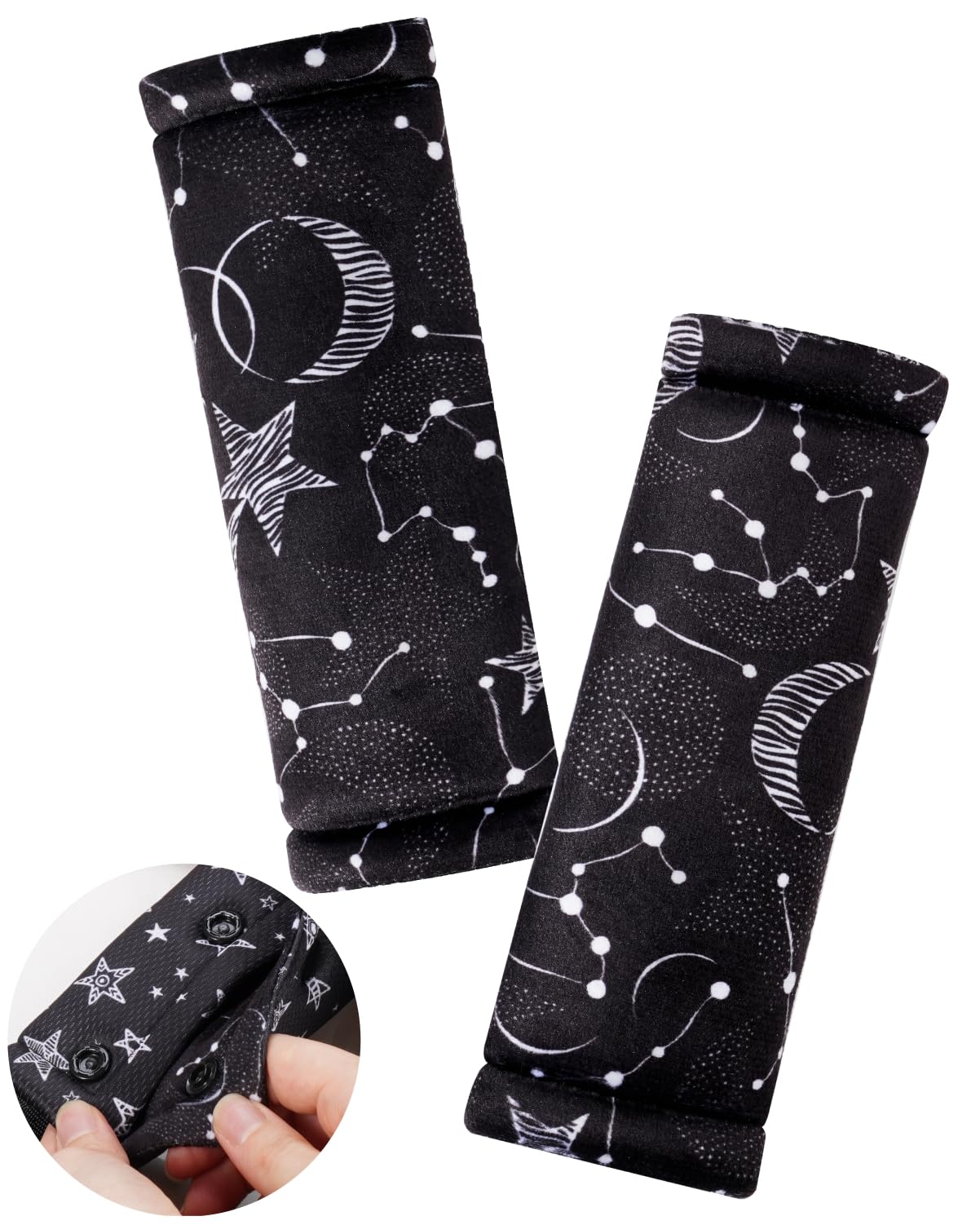 2 Pack Car Seat Belt Covers for Baby Kids, Reversible Soft Car Seat Shoulder Strap Pads, Seatbelt Cushion, Neck Strap Covers for Stroller, Carrier, Pushchair (Black Star)