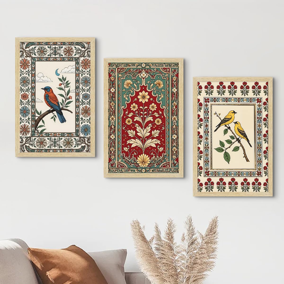 ArtX Paper Madhubani Paintings with Frame for Home Decor Wall Art, Wall Paintings for Living Room, Multicolor, Natural Wood Color Frames, 12.0x18.0 inch, Set of 3