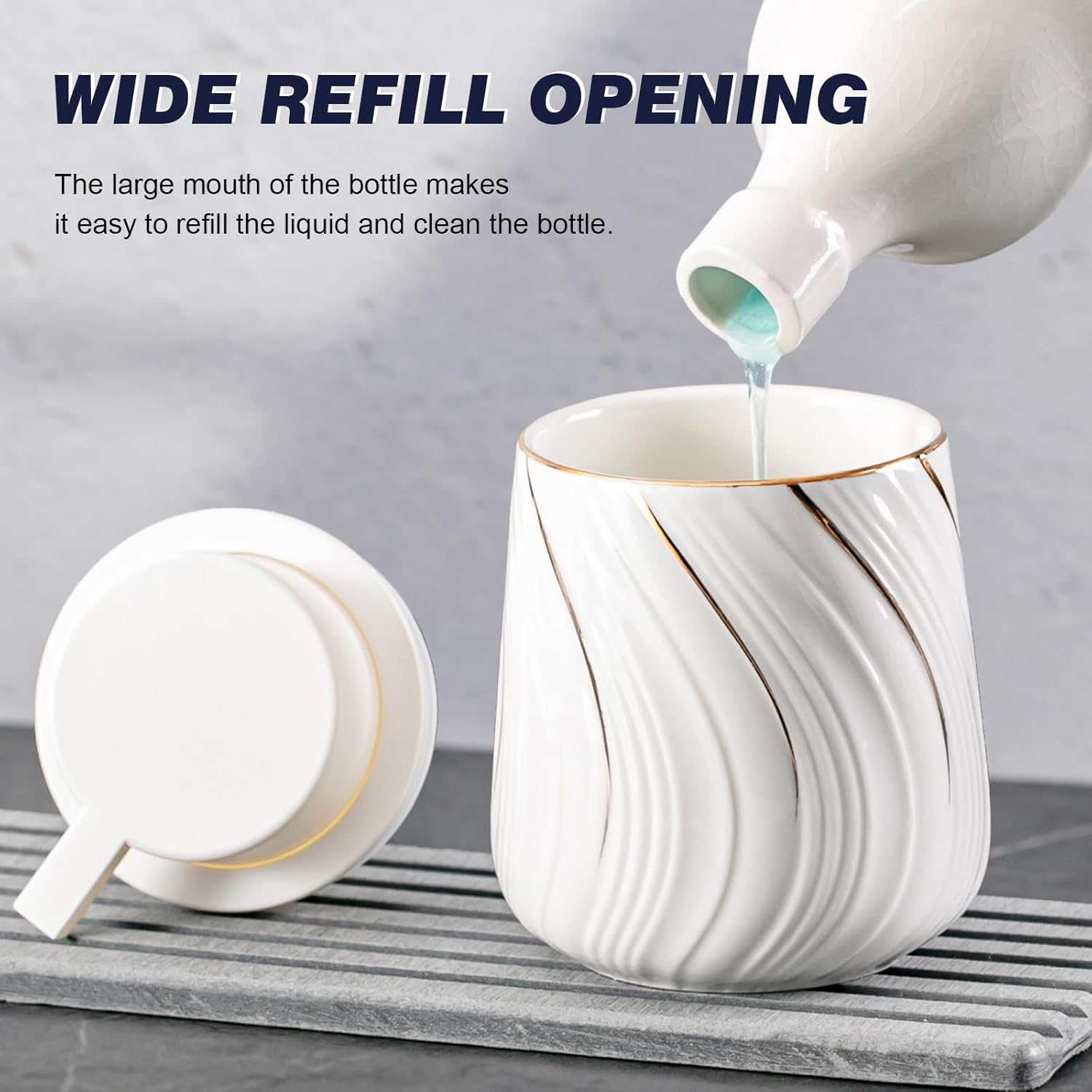 Foam Hand Soap Dispenser - 13.5 oz Ceramic foaming Hand soap Dispenser with Easy-to-Press Pump for Bathroom refillable Liquid Hand soap Dispenser (Foam-White with Gold Thread) - Image 5