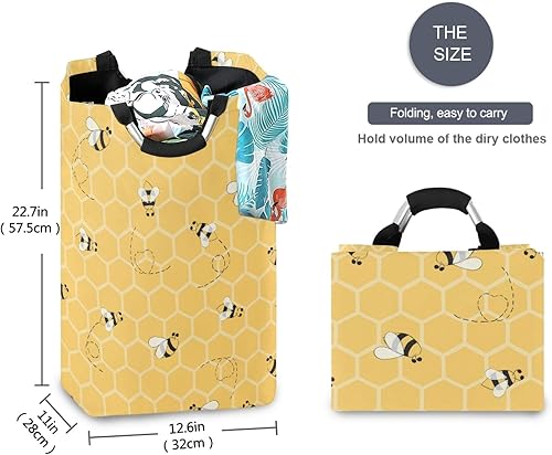 Miniatura 5 de AUUXVA Cesta de lavandería amarilla con diseño geométrico de panal de abeja y colmena, cesta de almacenamiento grande plegable con asas para baño,