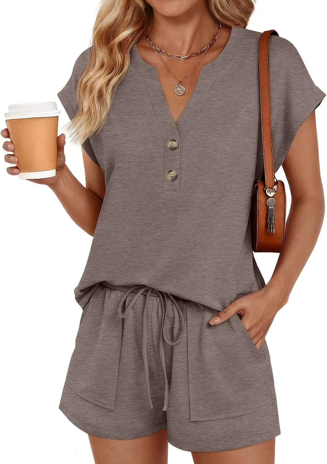 LILLUSORY 2 Piece Summer Set 2026 Henley Top & Drawstring Shorts with Pockets