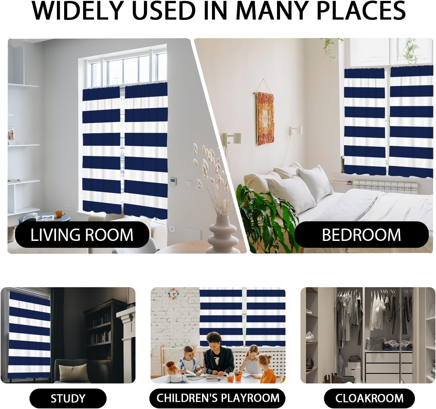 zokyer Blue and White Window Curtain Striped Navy Modern Teen Adults Simple Art Aesthetic Cool Boys Geometric 42" W x 63" L for Living Room Bedroom Bathroom Set of 2 Panels Rod Pocket Drapes