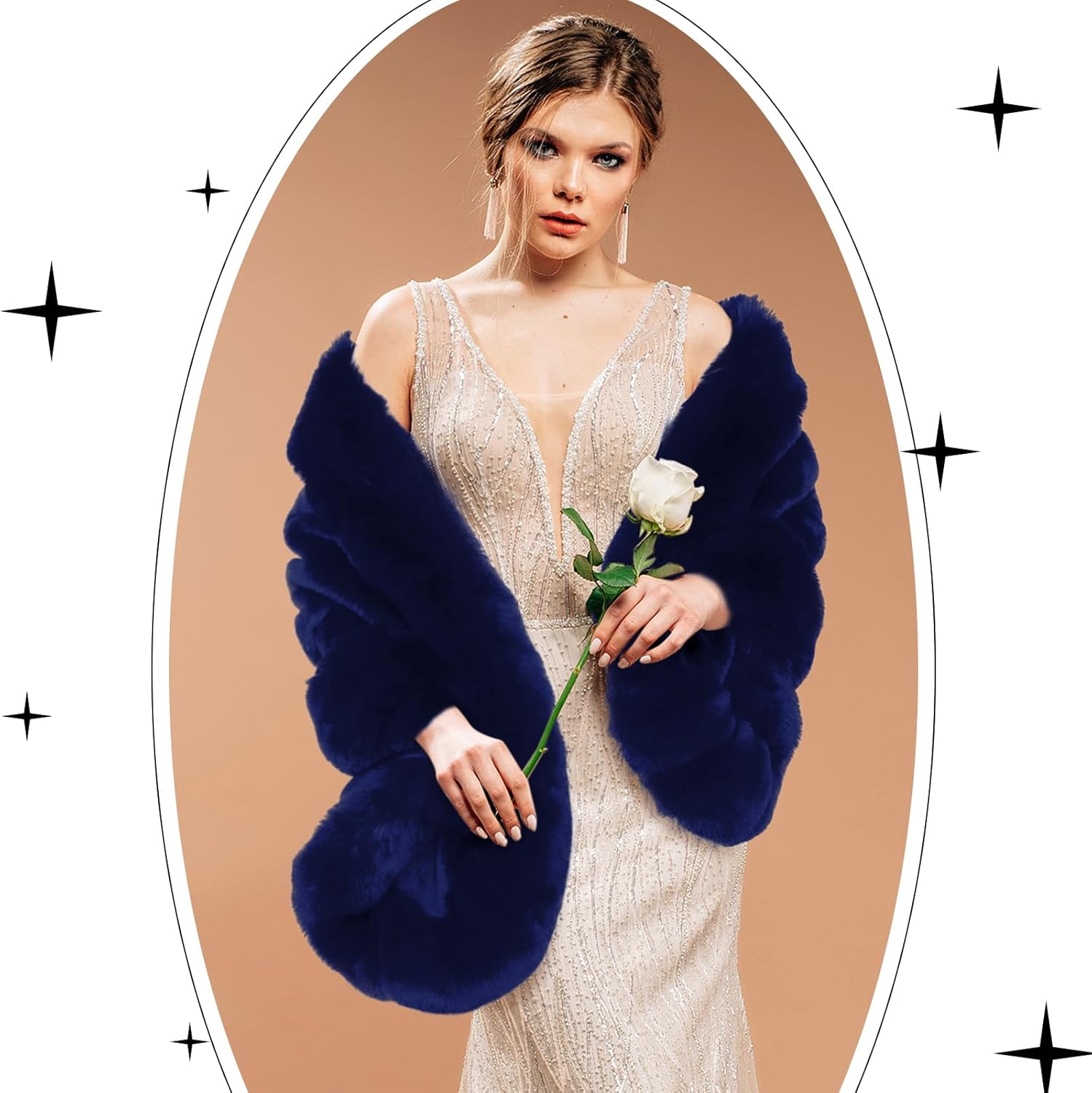 Jadive Faux Fur Shawl Wraps for Women with 2 Rhinestone Brooches Wedding Bridal Faux Fur Cape Stoles Coat Jacket - Image 3