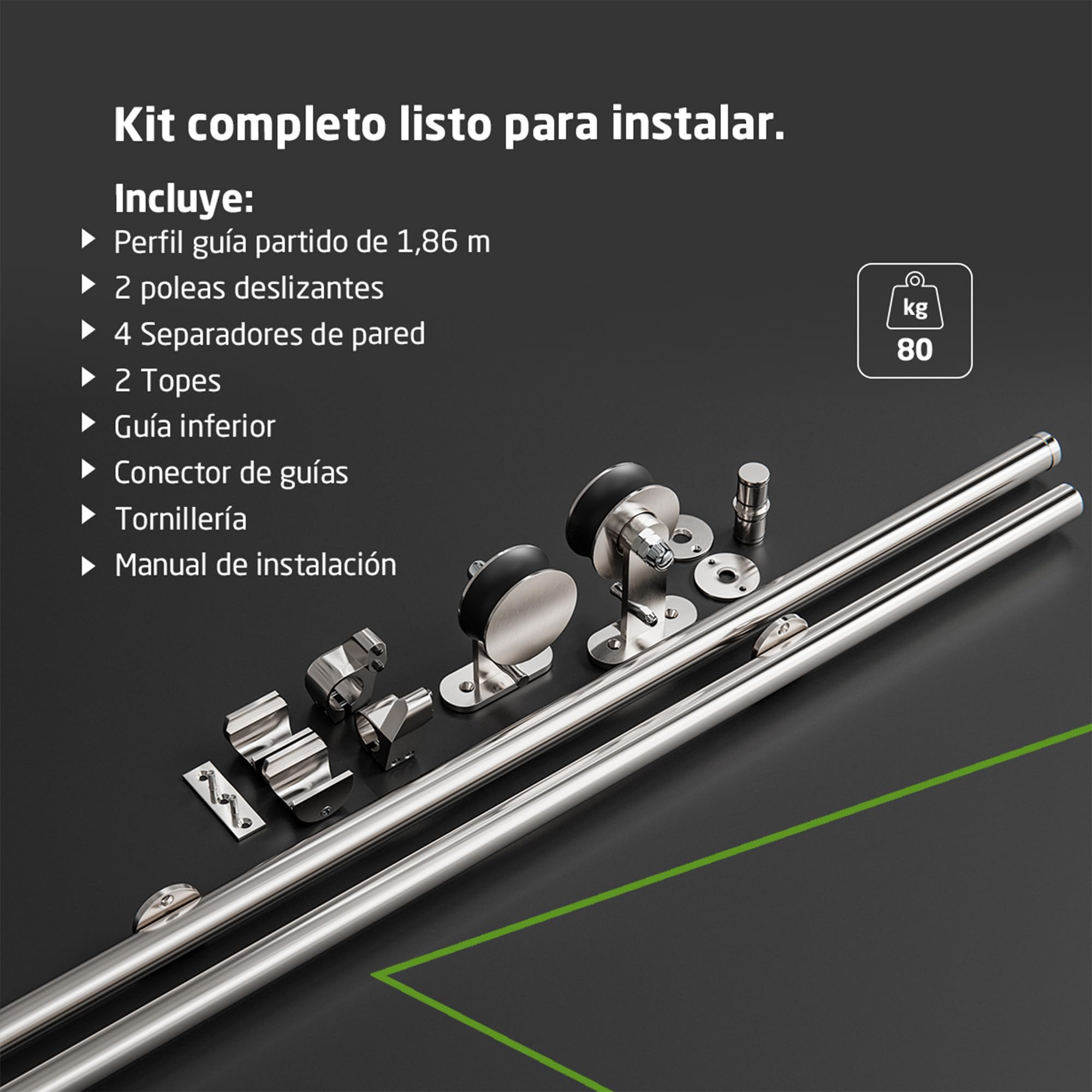Amig - Kit puerta corredera madera - Guía 186 cm acero inoxidable 18-8 mate - 80 kg máximo - Mod. SD002
