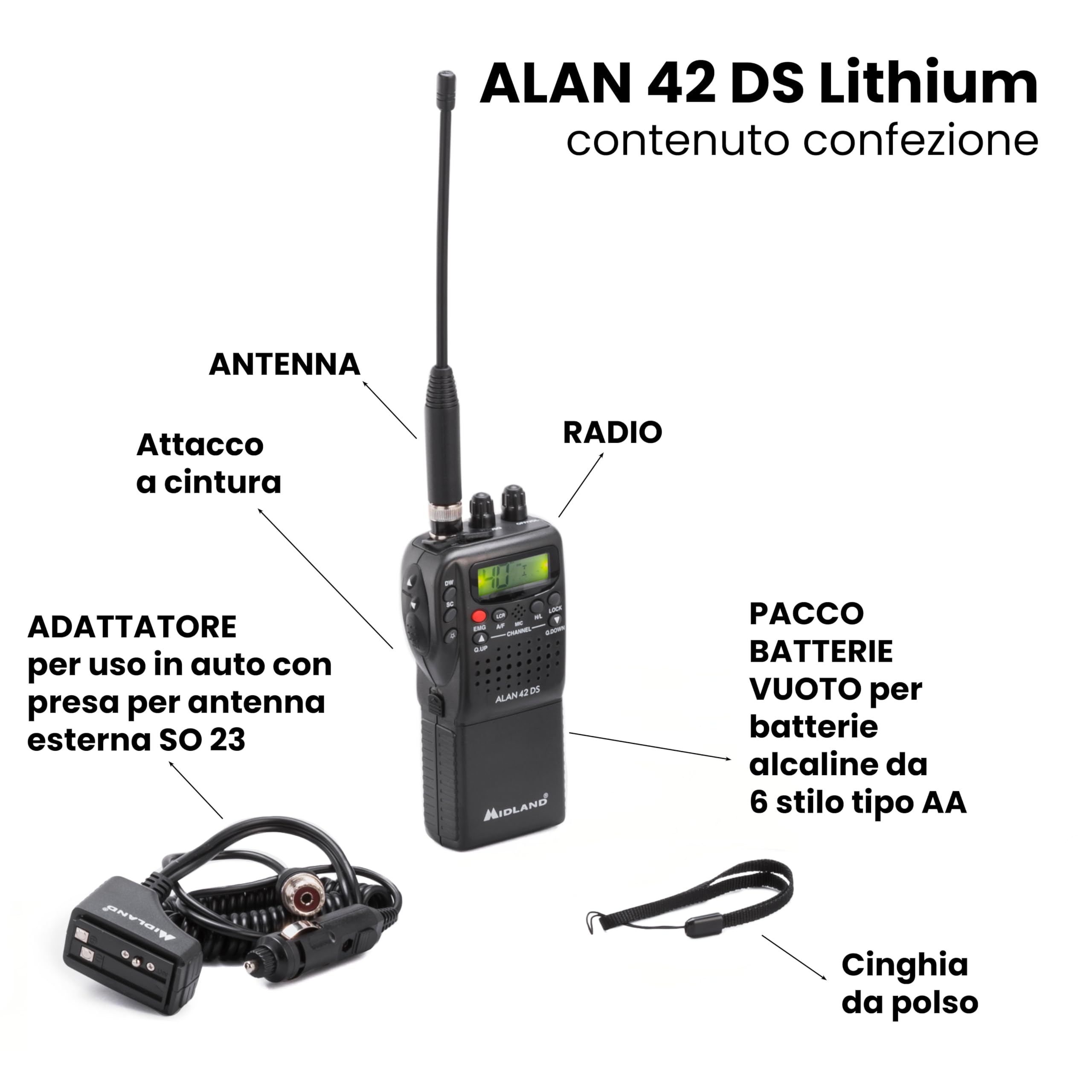 Midland - Radio CB Alan 42 DS Lithium, Ricetrasmittente Portatile AM/FM con Batteria Li-Ion 2800mAh per Durata Raddoppiata, Ricetrasmittenti Professionali Multi Banda, Squelch Digitale, Ricarica USB-C
