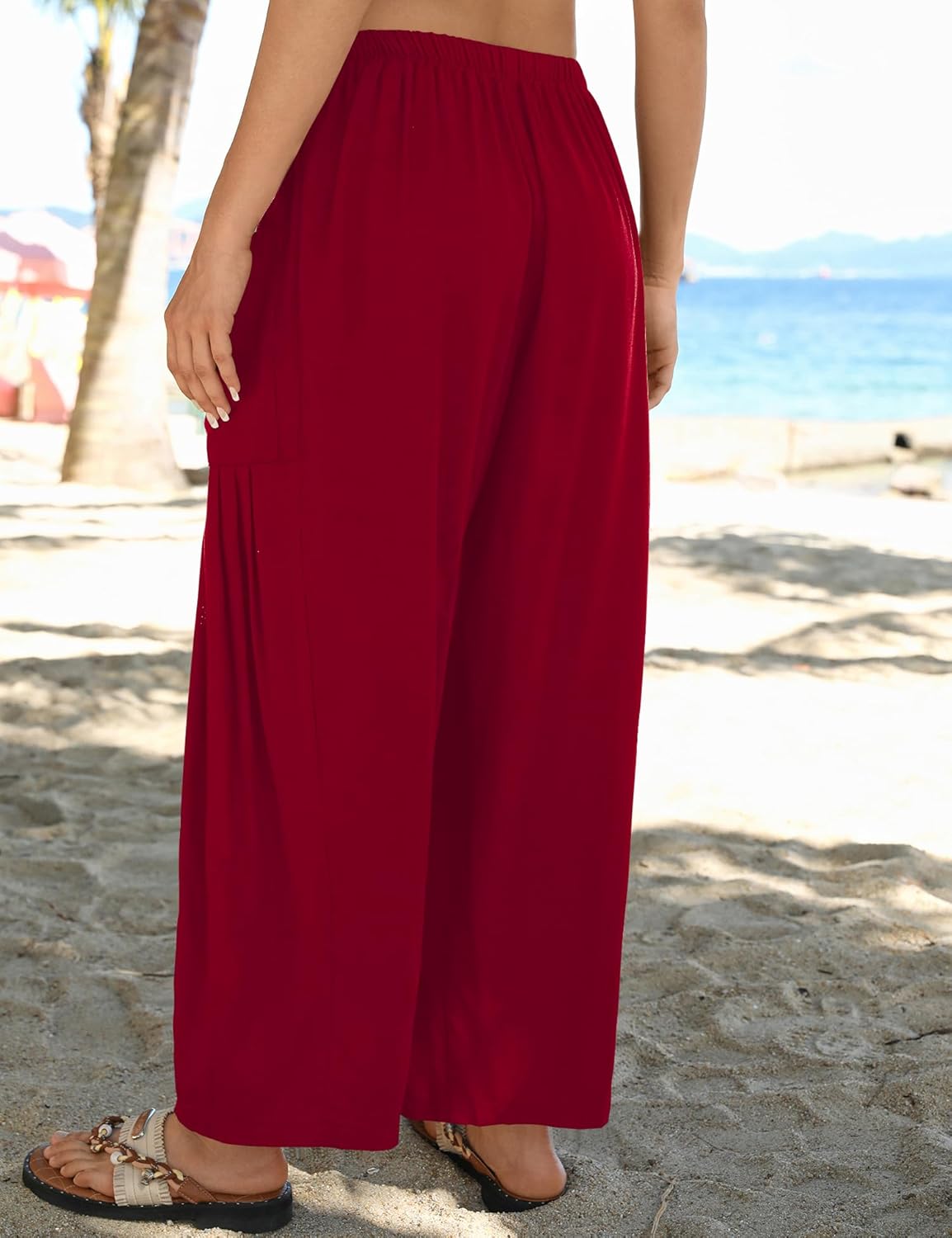 LOMON Womens Wide Leg Linen Pants Casual Drawstring Palazzo Harem Pants Summer Loose Beach Travel Vacation Pants with Pockets - Image 3