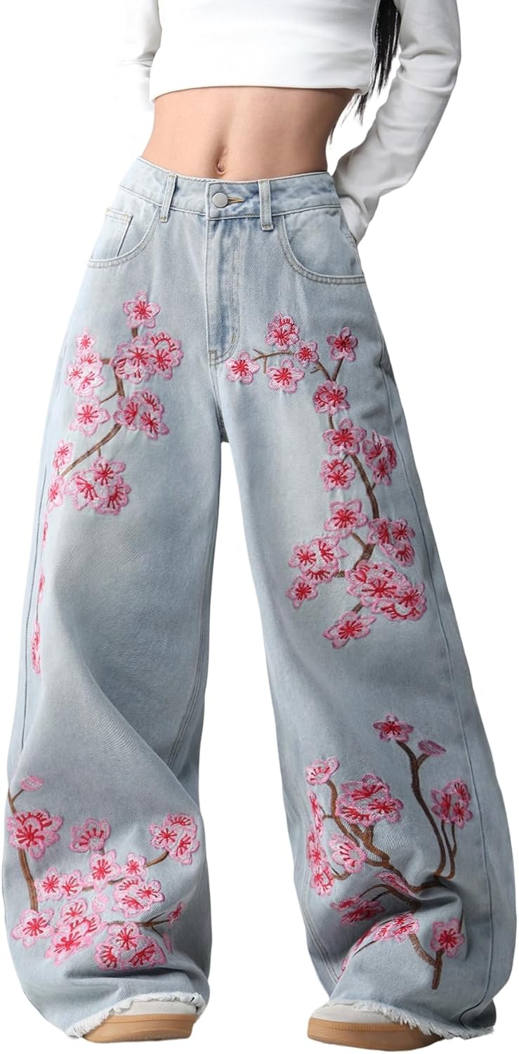 Floral Embroider Baggy Jeans for Women Wide Leg Denim Pants Y2k Hip Hop Loose Long Trousers Streetwear