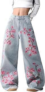 Floral Embroider Baggy Jeans for Women Wide Leg Y2k Denim Pants | Hip Hop,Loose Fit,Long Trousers,Vintage 2000s Streetwear,Straight Leg,5 Pockets
