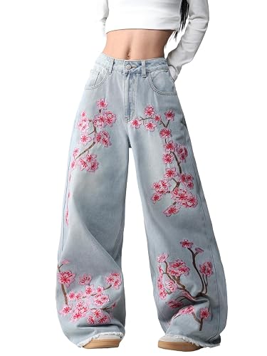 OYICAI Floral Embroider Baggy Jeans for Women Wide Leg Y2k Denim Pants | Hip Hop,Loose Fit,Long Trousers,Vintage 2000s Streetwear,Straight Leg,5 Pockets
